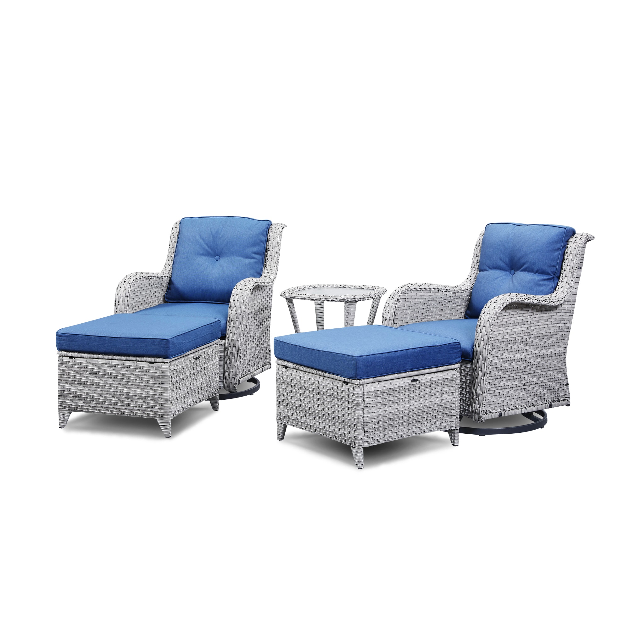 Rilyson FS089075-NB Curved armrest 5 -Piece Wicker Patio Conversation Set with Blue Cushions