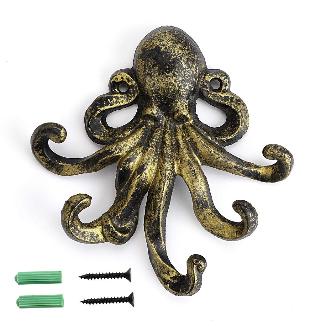 UUDULY  6 Inch Cast Iron Octopus Decorative Coat Hook Wall Mounted Nautical Hand Towel Rack Holder with Screws Rustic Metal Clothing Hanger for