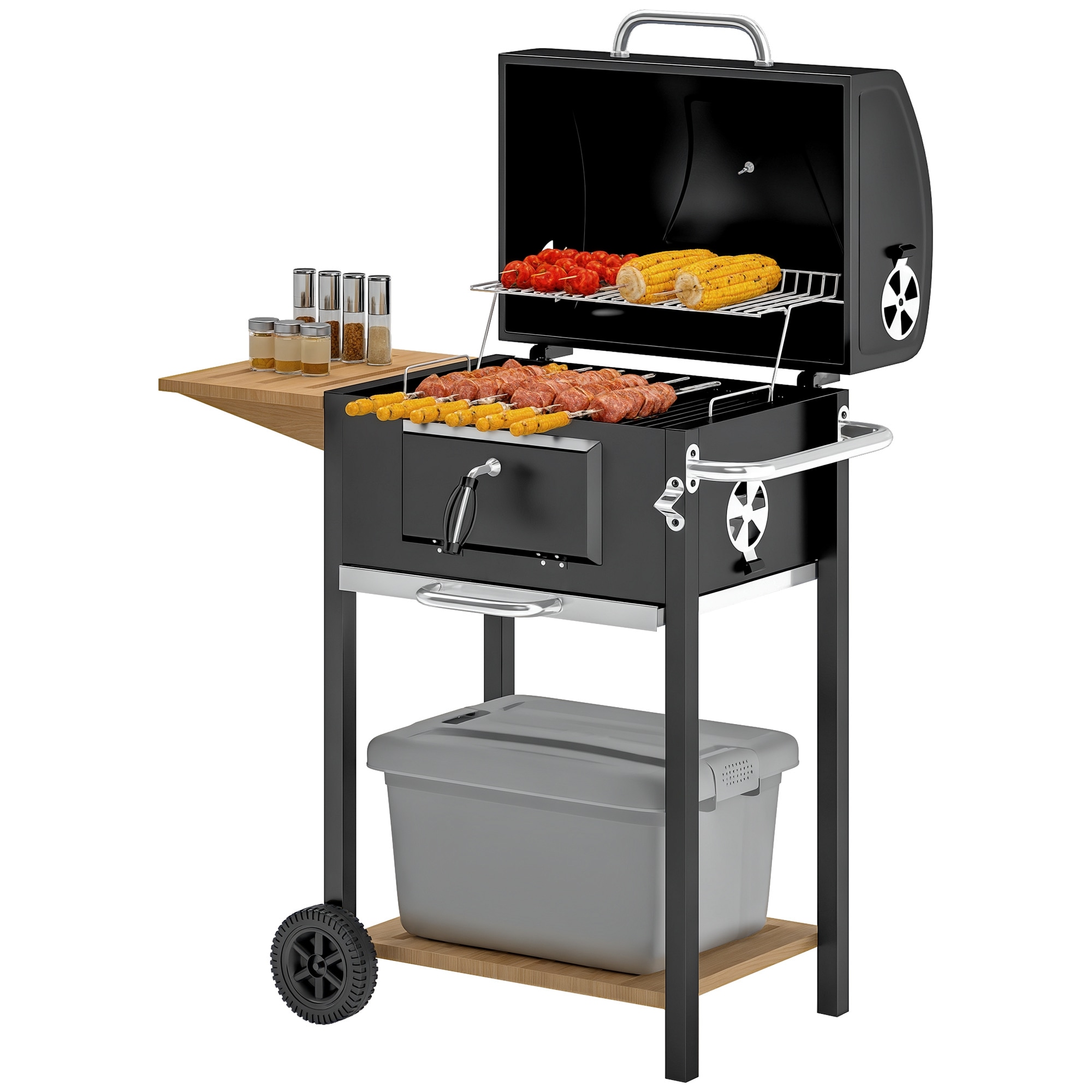 Outsunny 846-171V00BK Charcoal BBQ Grill Outdoor Portable Cooker for Camping or Backyard Picnic Barbecue Grill with Side Table Bottom Storage Shelf Wheels and Handle Black