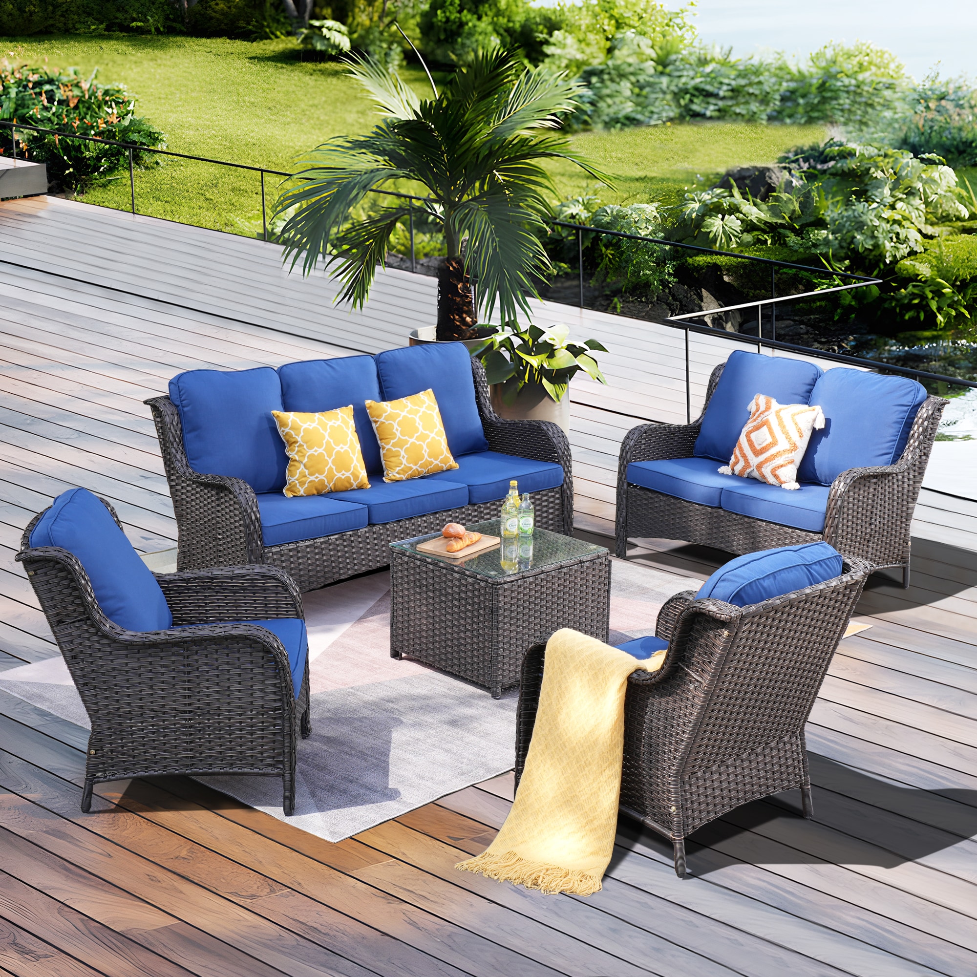 XIZZI Vesta 5-Piece Wicker Patio Conversation Set with Blue Cushions in ...