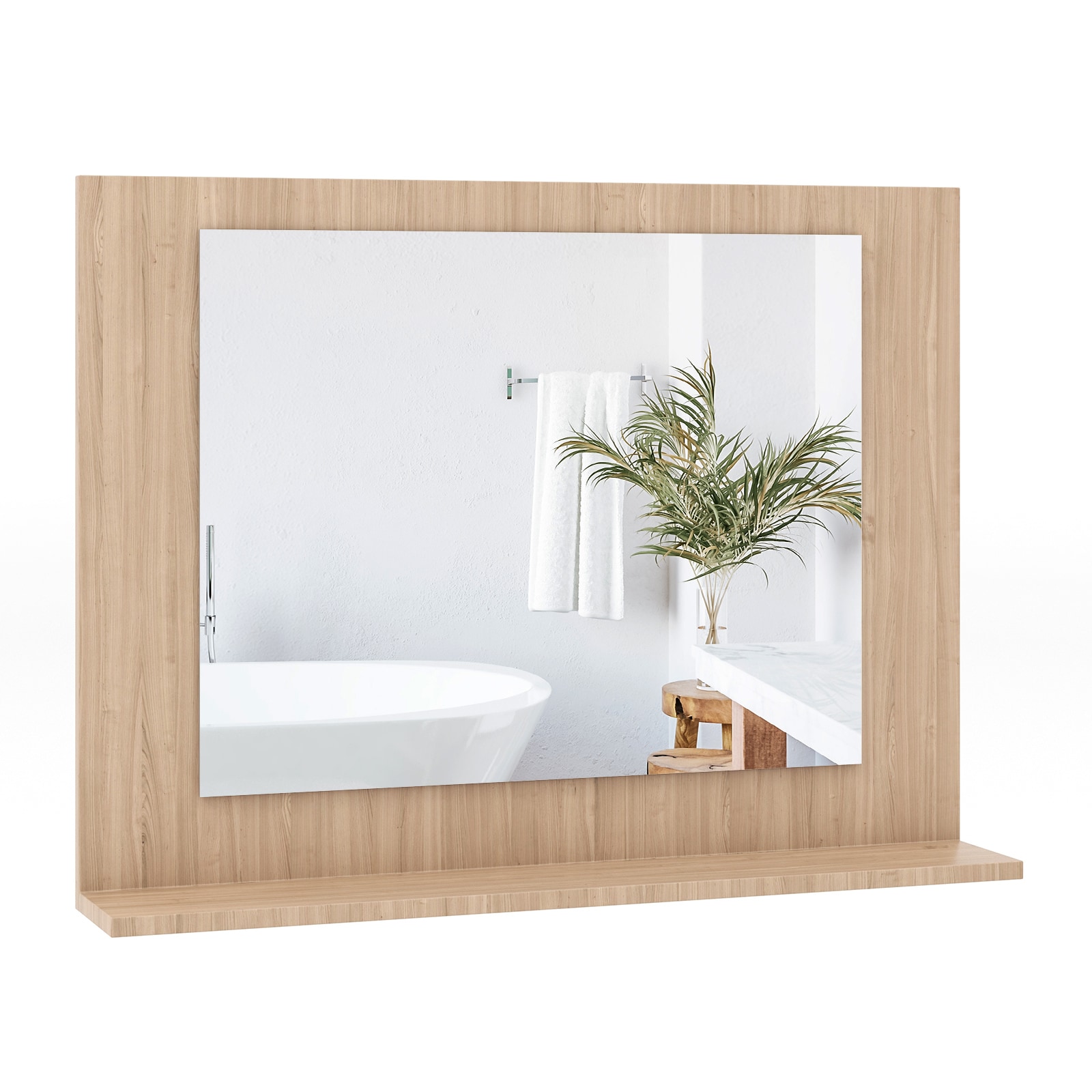 Poinic CWG72341CF Bathroom Mirror with Shelf 23.5-in W x 17.5-in H Rectangle Natural Framed Wall Mirror
