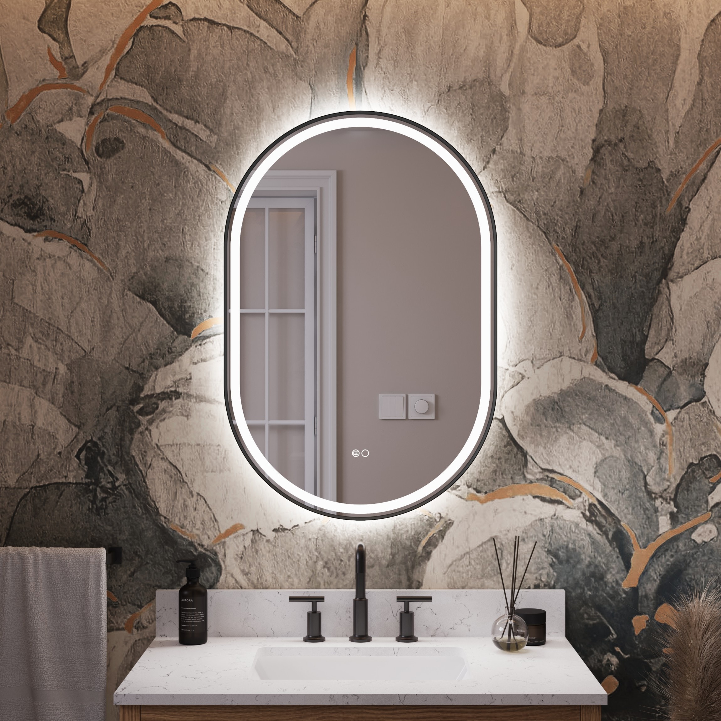 Gtnali - 24-in W x 36-in H Oval Framed Anti-Fog LED Wall Bathroom Vanity Mirror in Matte Black