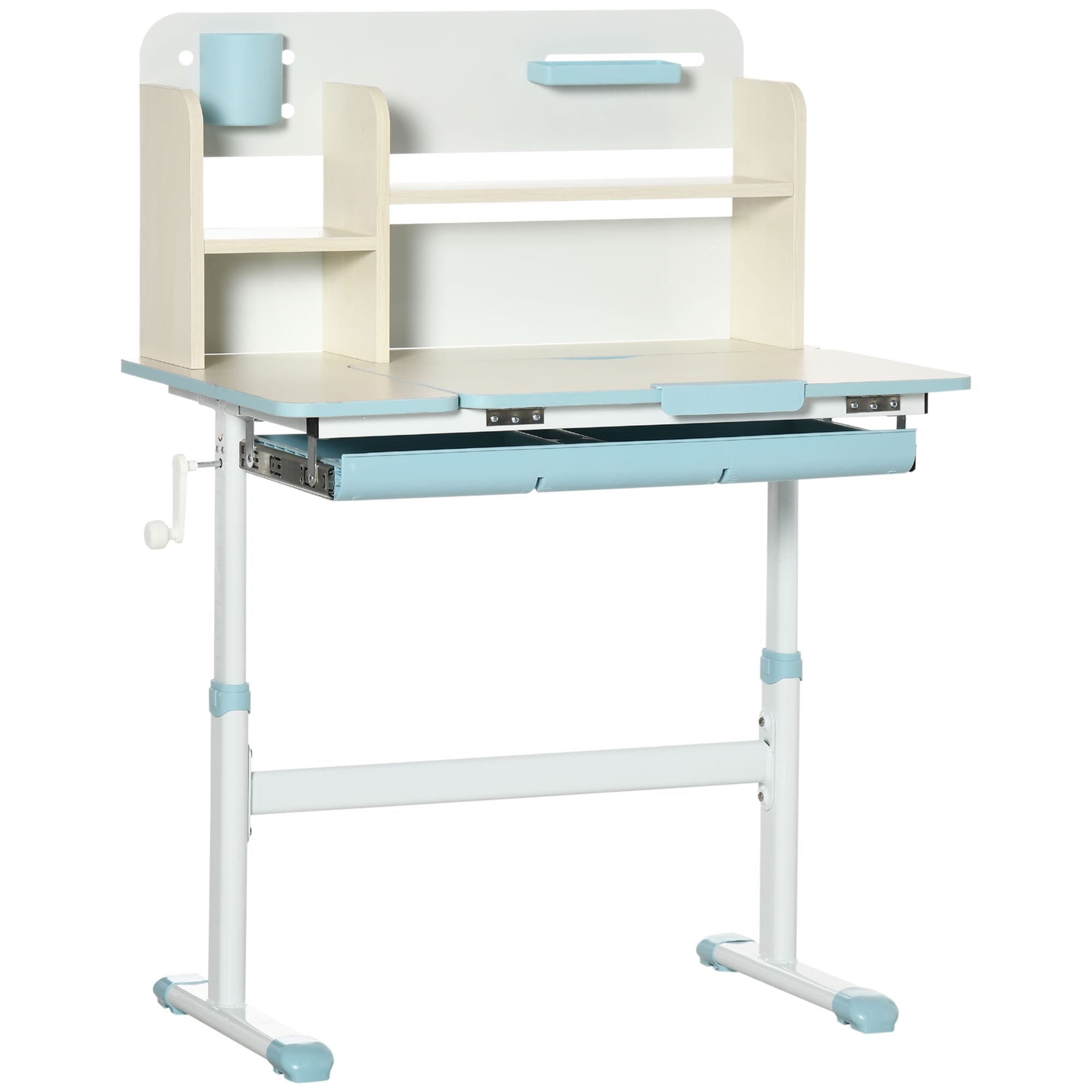 LOVMOR SF-Y-W2225P154785 Wooden Kids Study Desk Height Adjustable Children School Study Table Student Writing Desk with Tilt Desktop Drawer Storage Shelf Pen Holder Blue