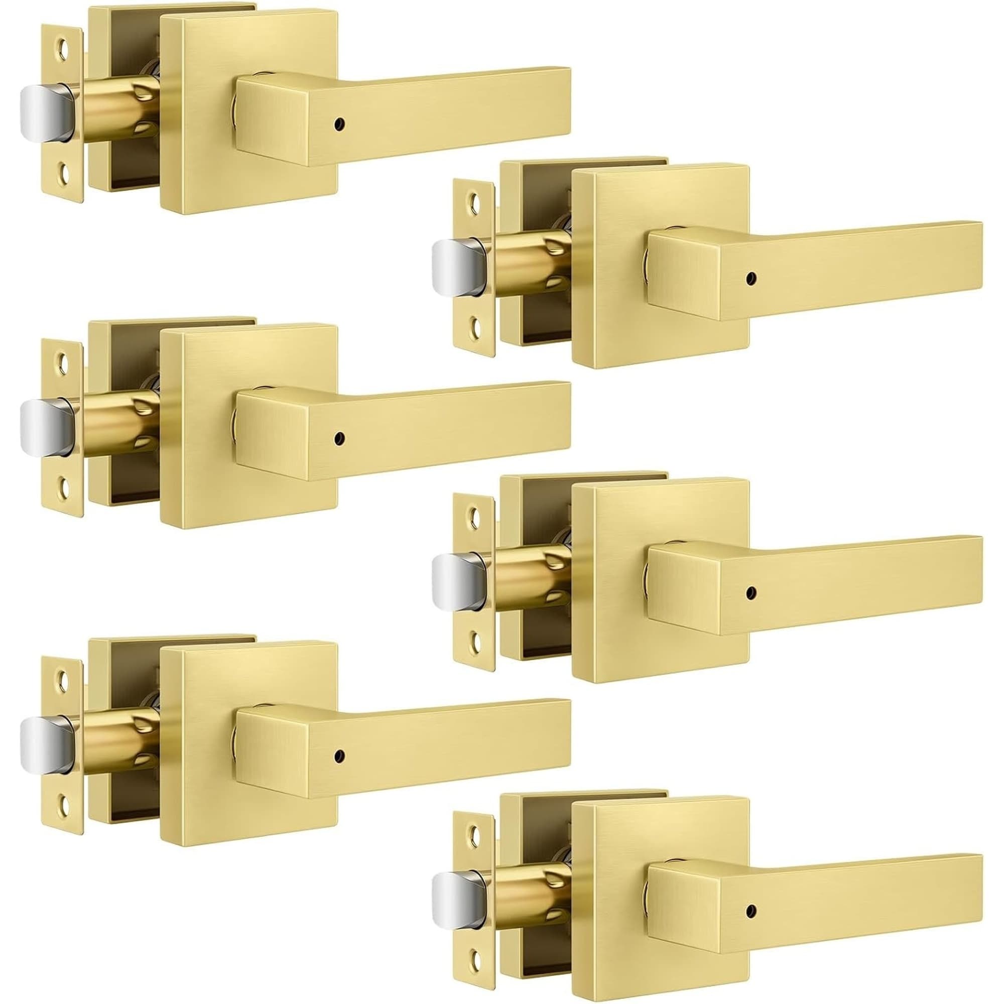 Angel Sar 6 Pcs Gold Door Handles Privacy Brushed Gold Interior Door Handles Square Keyless Lock for Bedroom Bathroom Office