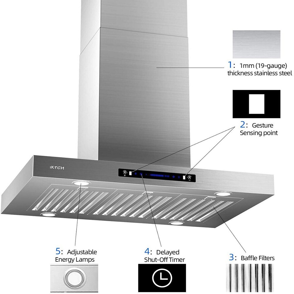 IKTCH 30 in. 900 CFM Island Mount Range Hood in Stainless Steel with Gesture Sensing and Touch Control Switch Panel with Light