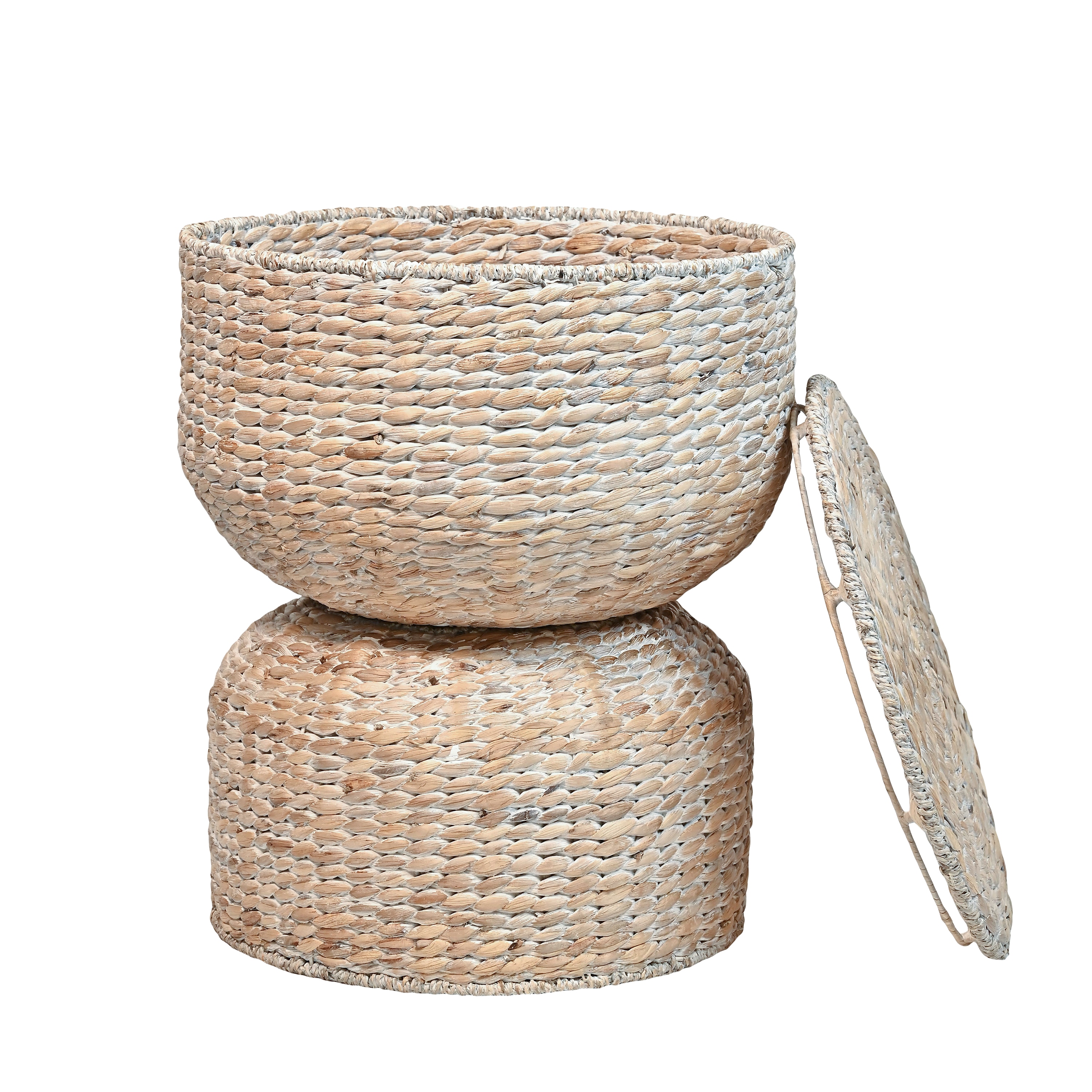 happimess SAT1000C Bhola Hourglass Bohemian Coastal 18-in W x 21.5-in H White Wash Hyacinth Round Coastal End Table with Storage Assembly Required