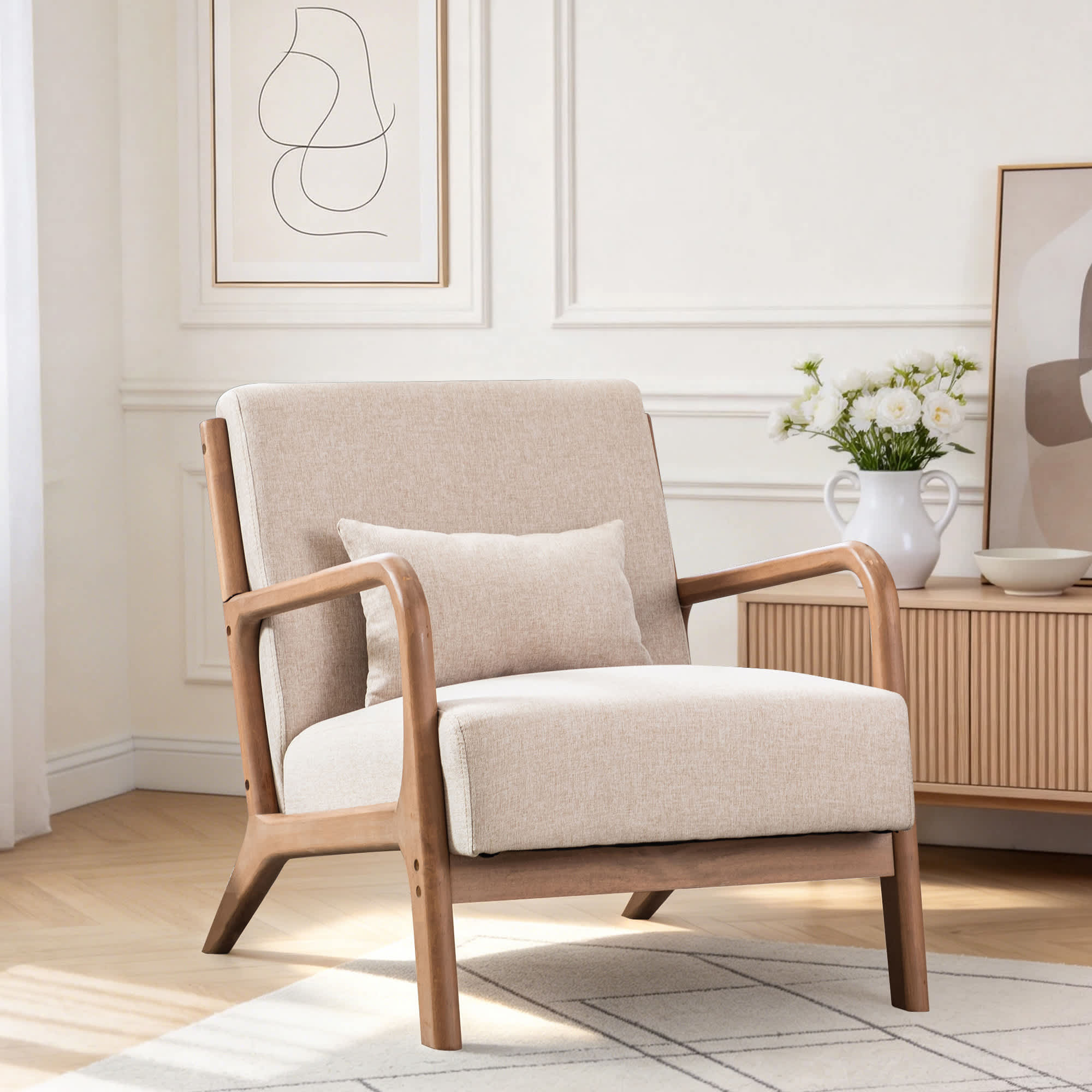 Canmov Solid Color Solid Wood Living Room Chair 105 Degree Backrest Non-Slip Casual Bedroom Chair With Pillow
