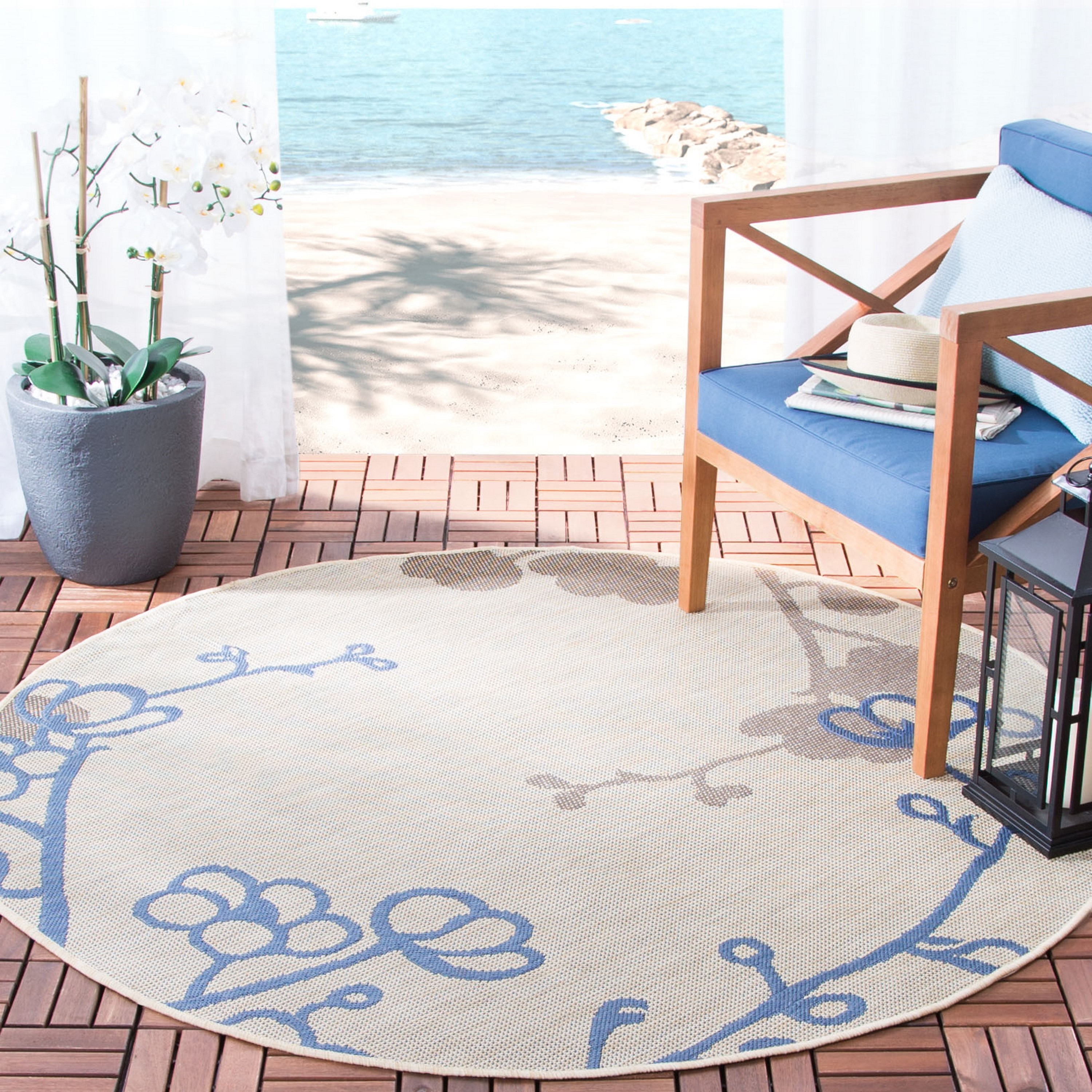 Safavieh CY4038B-7R Courtyard Baja 7 x 7 (ft) Loomed Polypropylene Natural Brown/Blue Round Indoor/Outdoor Floral/Botanical Coastal Area rug