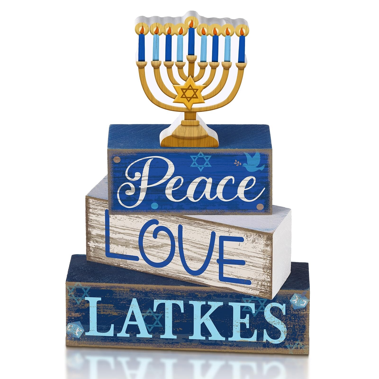 Anqtovp  4 pcs Hanukkah Decorations Wooden Menorah Table Centerpiece Rustic Block Signs Jewish New Year Tiered Tray Decor for Home Festival