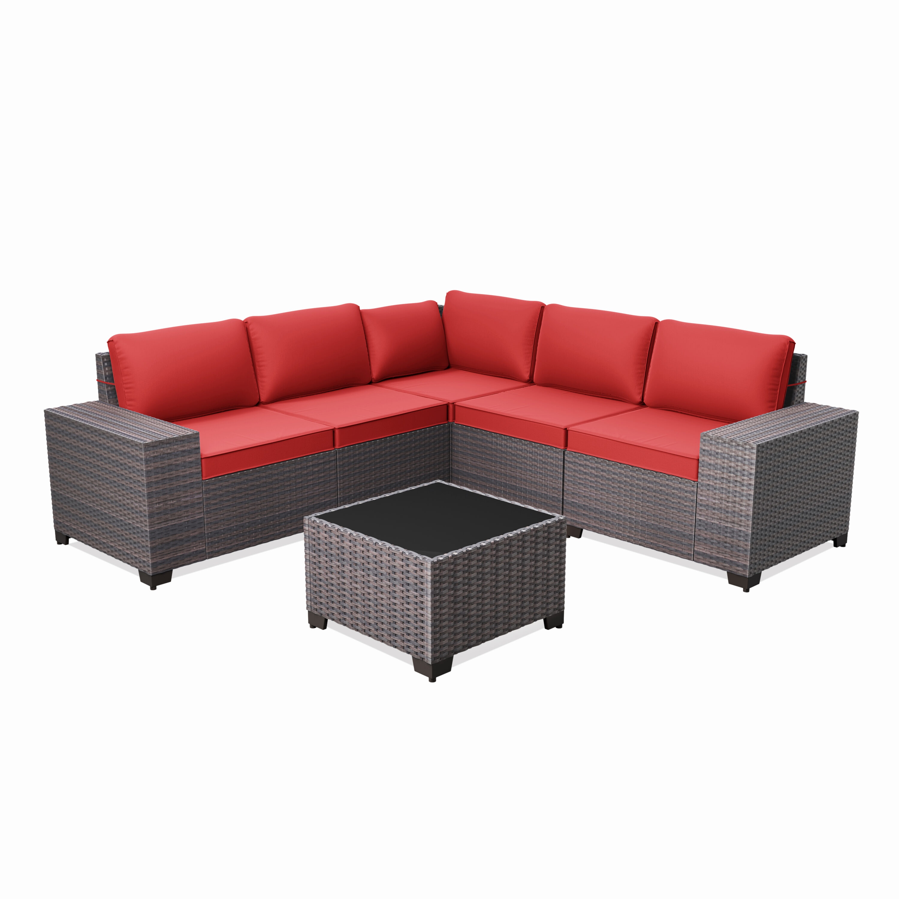ALAULM LS-6PCS-RED 6 -Piece Wicker Patio Sofa Conversation Set with Red Cushions