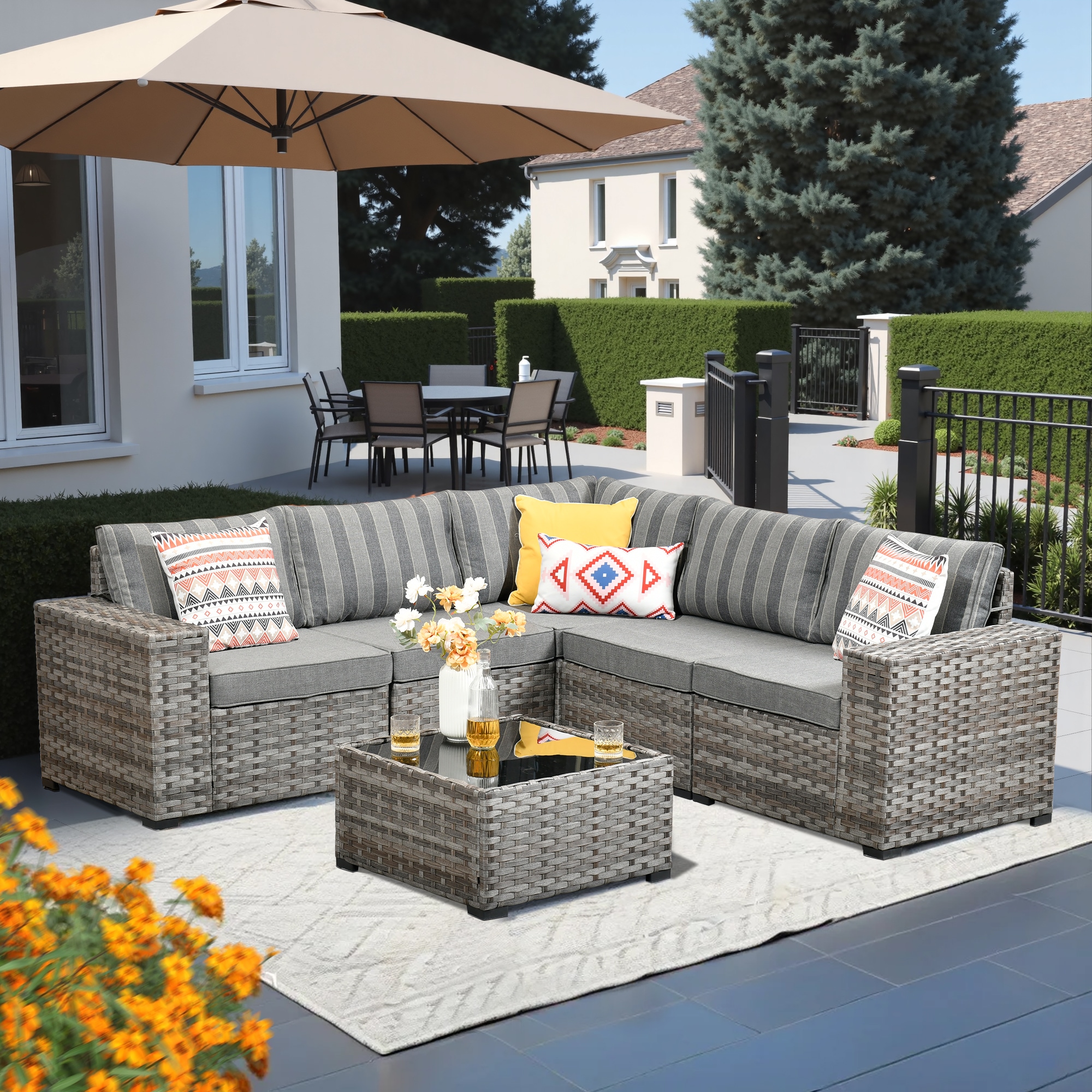 Pouuin SBBR2T06 Rattan Outdoor Sectional with Gray Cushions and Wicker Frame