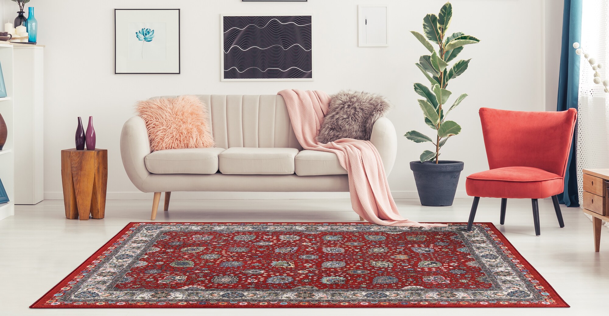 Ottomanson ATS9460-5X7 Athens 5 x 7 (ft) Loomed Polyester Red/Cream Rectangular Indoor Floral/Botanical Oriental Area rug
