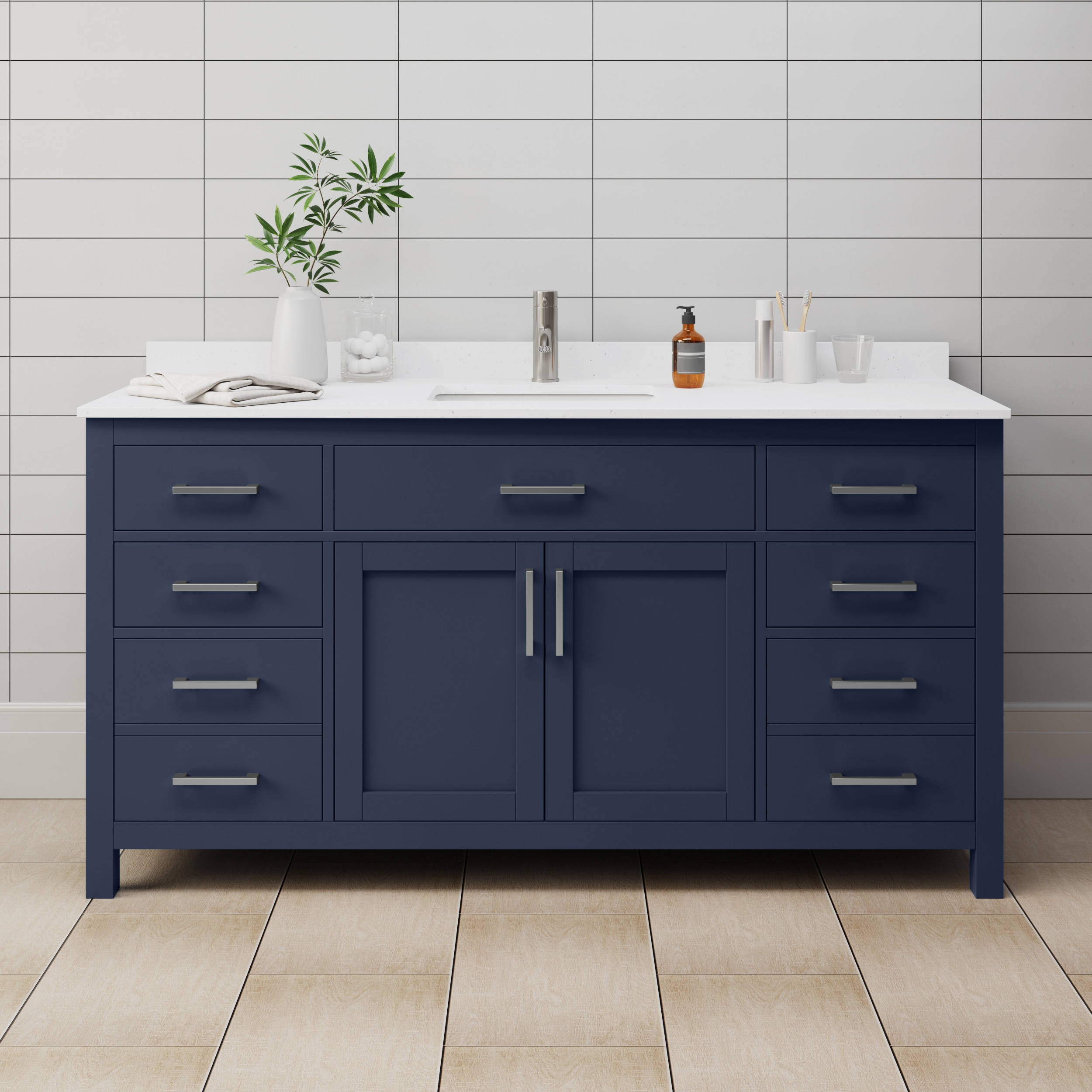 Wyndham Collection WCG242466SBNWCUNSMXX Beckett 66-in Dark Blue with Brushed Nickel Trim Undermount Single sink Bathroom Vanity with White Cultured Marble Cultured marble Top