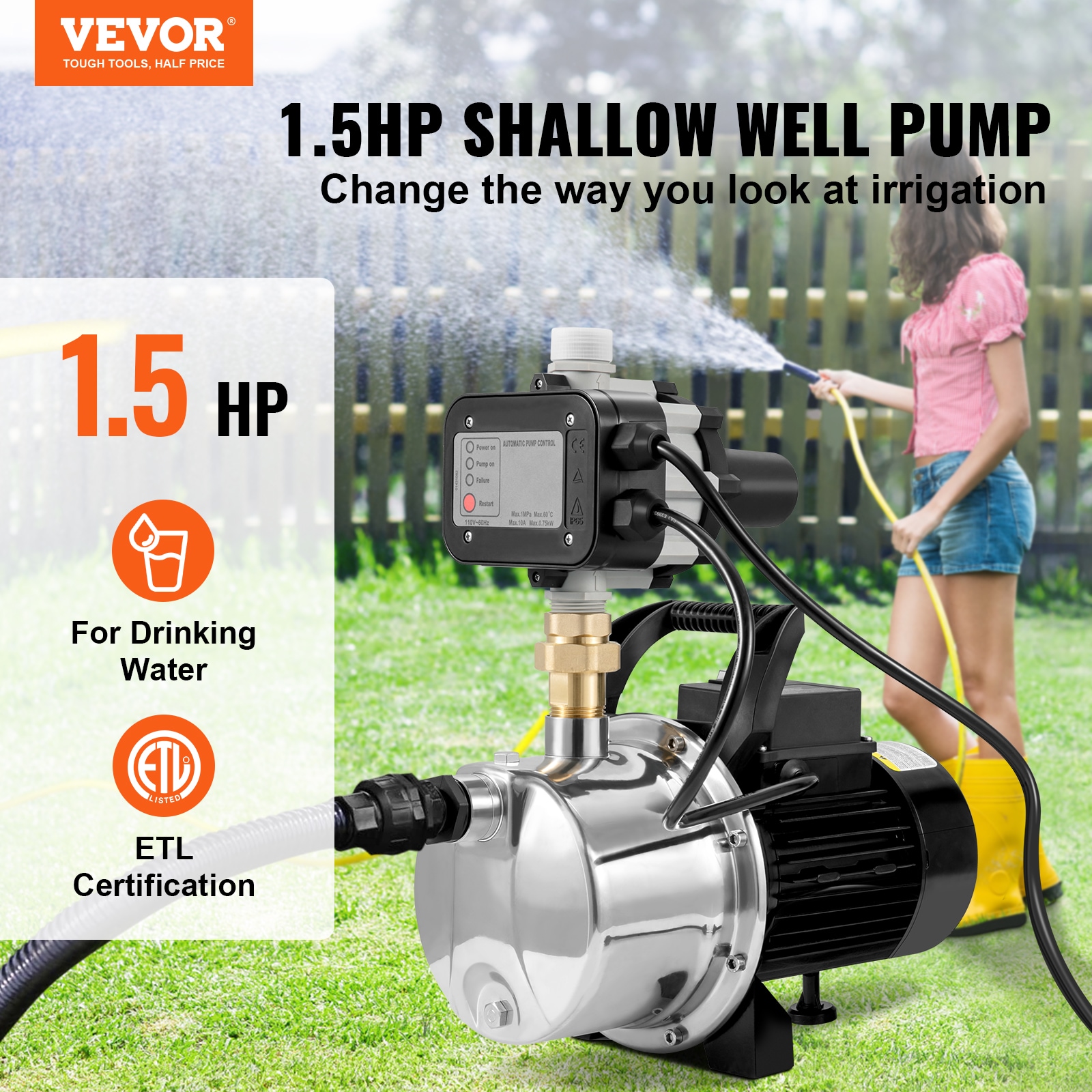 VEVOR 1-1/2-HP 115-Volt 20-GPM Stainless Steel Shallow Well Jet Pump in ...