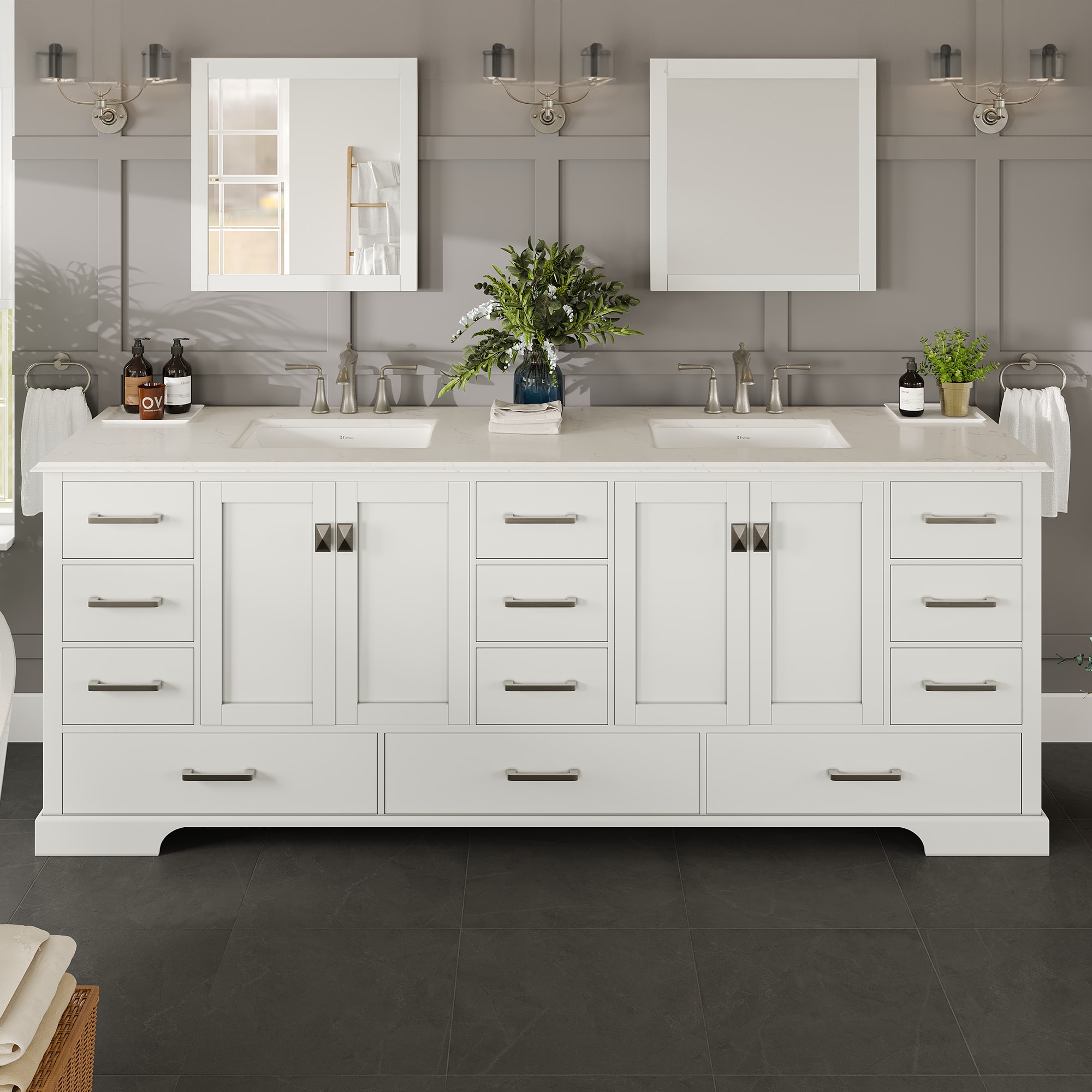 Eviva Storehouse 84-in White Undermount Double Sink Bathroom Vanity ...