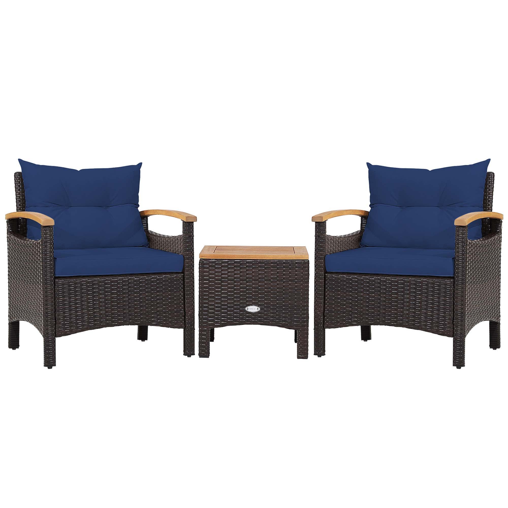 Costway LWS00032 3 -Piece Rattan Patio Conversation Set with Blue Cushions