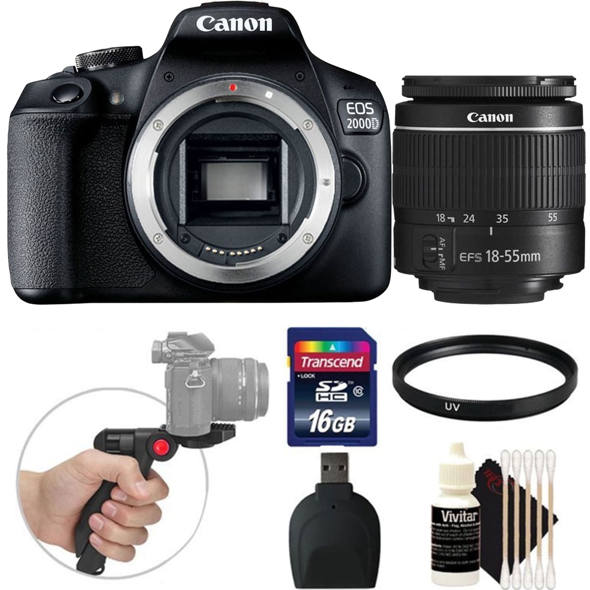 Canon  EOS 2000D Rebel T7 241MP DSLR Camera with EF S 18 55mm III Lens UV Filter 16GB Memory Card Tripod and Cleaning Kit