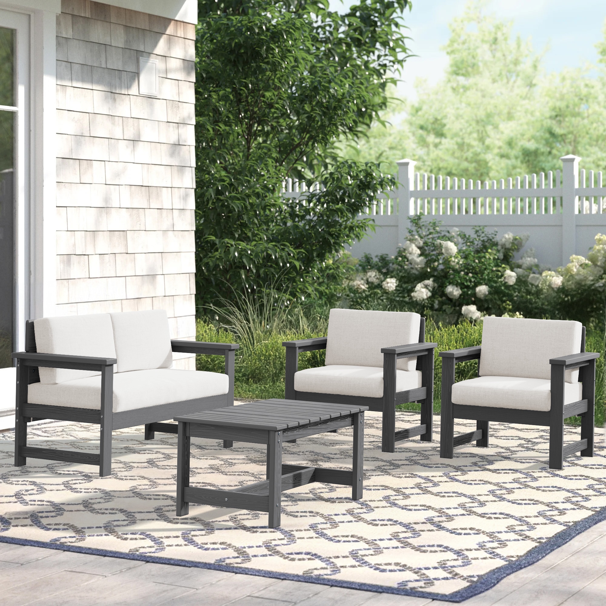 JEAREY PESFJJK-04-GK HDPE Outdoor Sofa Set with Cushions and Coffee Table Outdoor Sectional with Beige Cushions and HDPE Frame