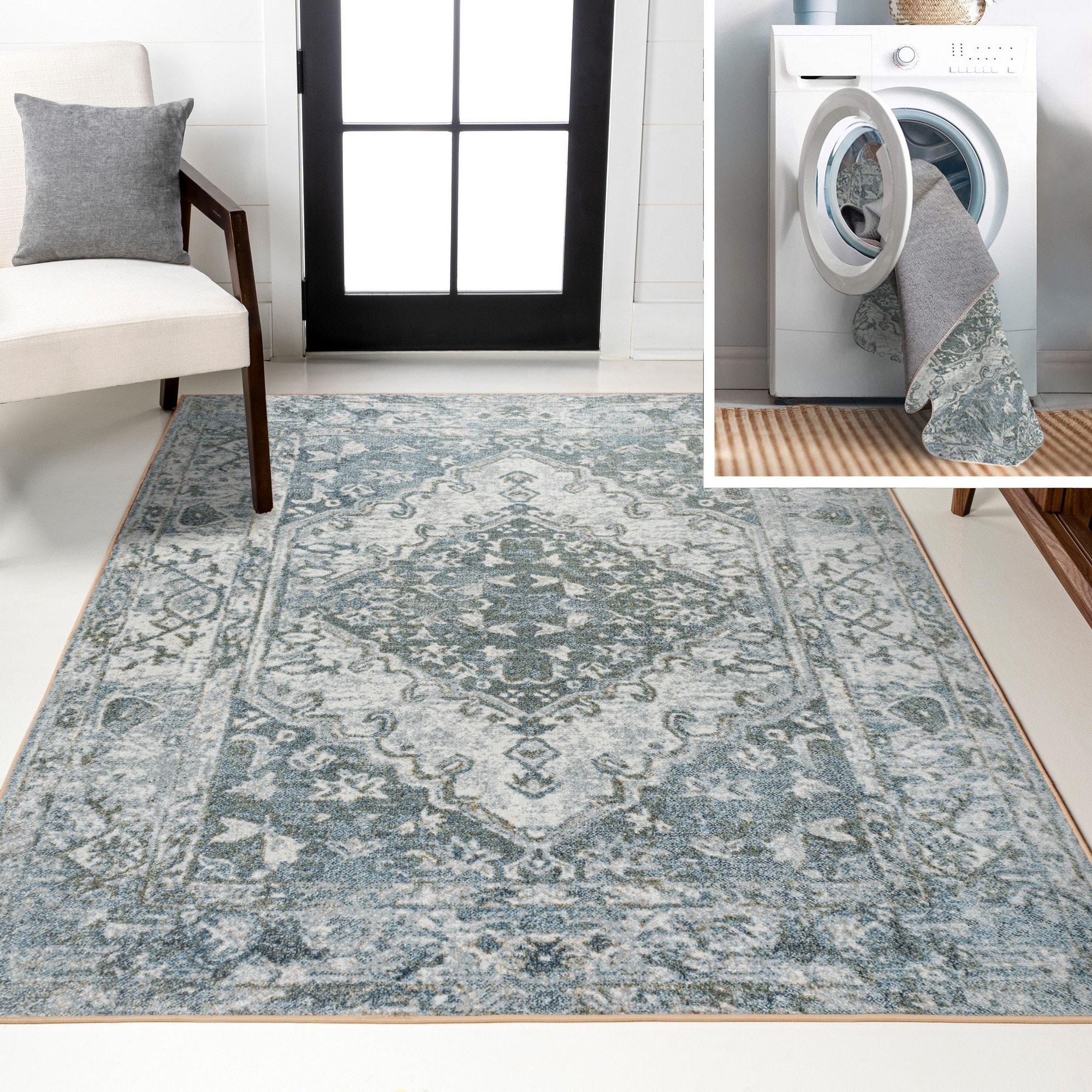 JONATHAN  Y WSH317B-8 WASHABLE Pavel Distressed Low-Pile 8 x 10 (ft) Loomed Light Gray/Blue Rectangular Indoor Distressed/Overdyed Persian Machine washable Pet Friendly Area rug