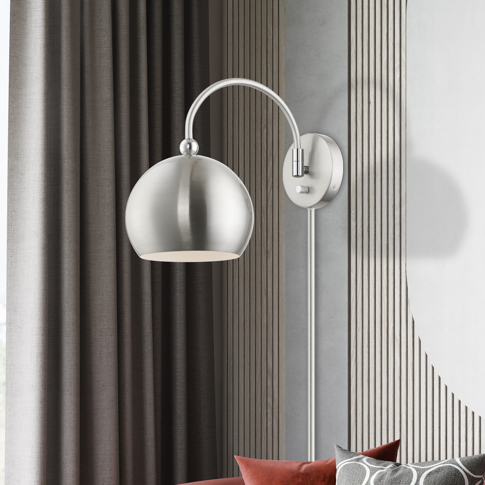 Stockton Modern Swing Arm Wall Lamp in Brushed Nickel with Polished Chrome