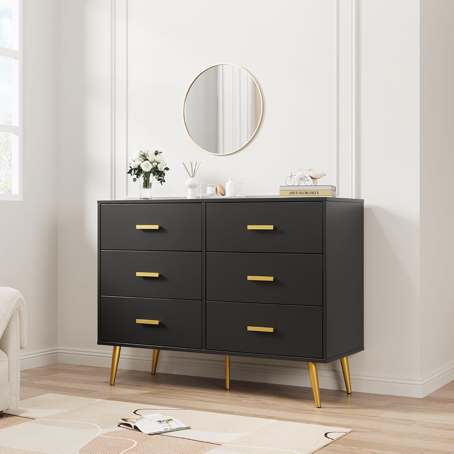 black dresser with gold knobs GarveeLife 6 Drawer Wooden Large Storage Chest for Living Room in the Dressers department at pattern_slit