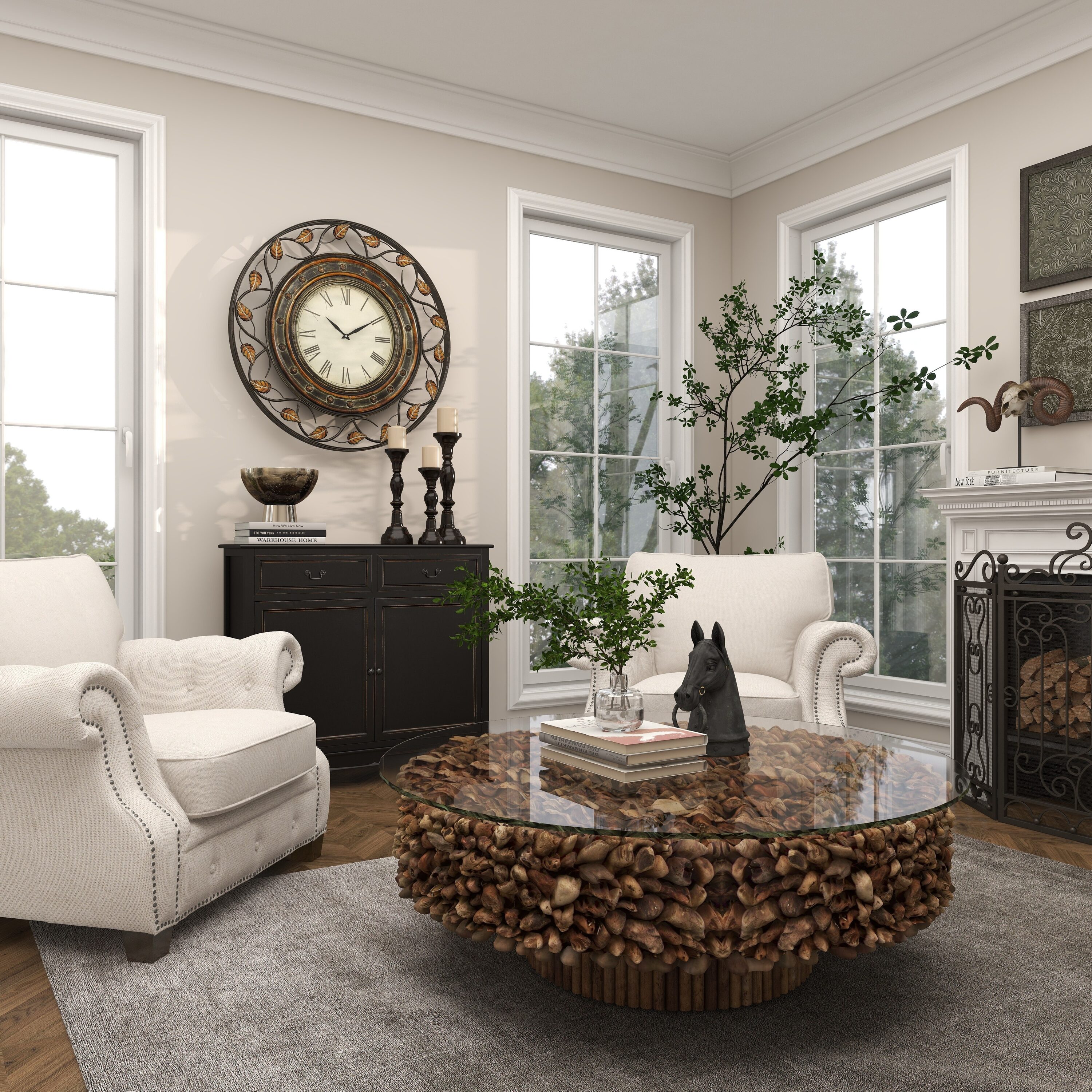 36'' Brown Metal Leaf Medallion Wall Clock with Scrolled Vines
