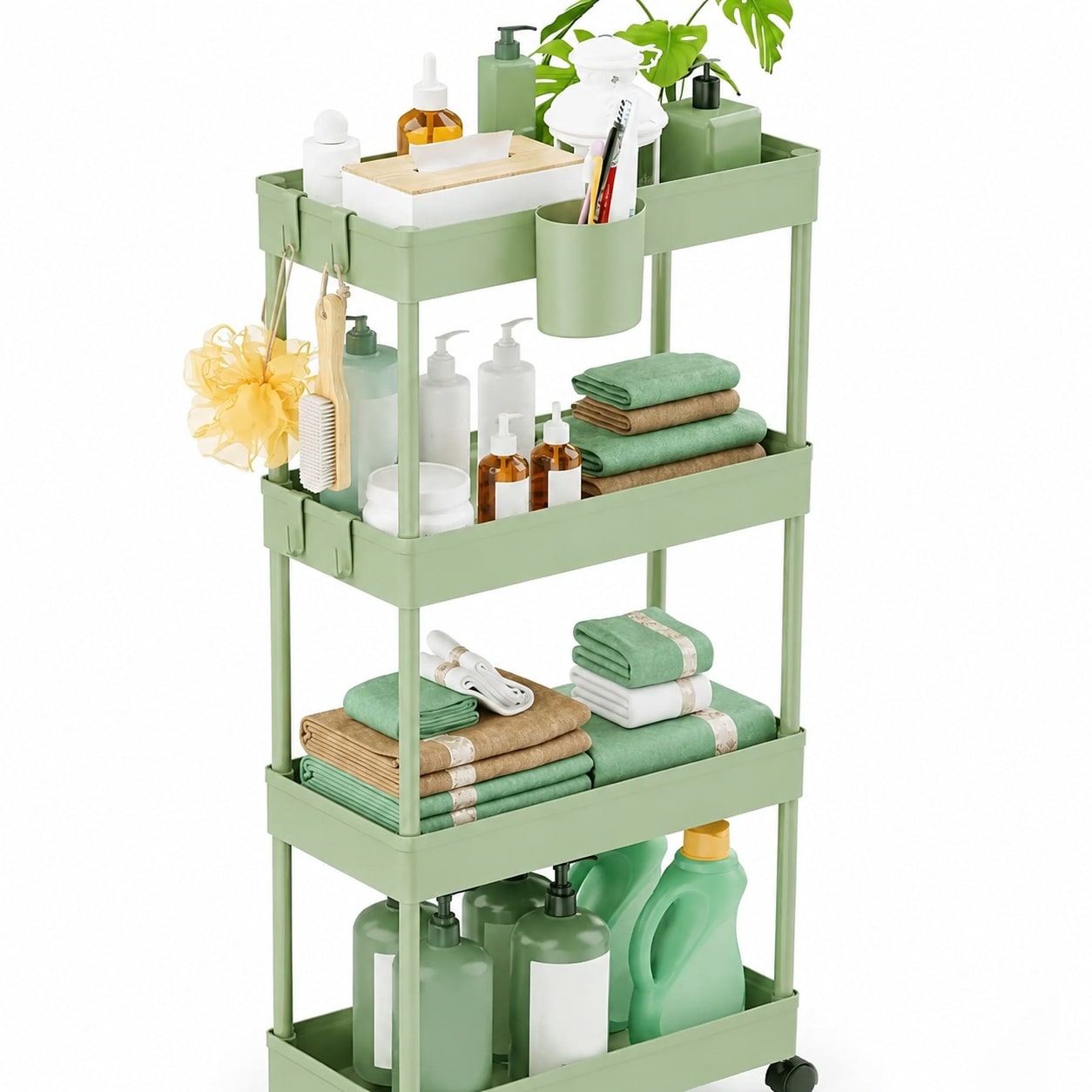 UUDULY  Slim Rolling Storage Cart 4 Tiers Mobile Utility Cart with Mesh Shelves and Hooks for Narrow Spaces Kitchen Bathroom Laundry Room Bedroom