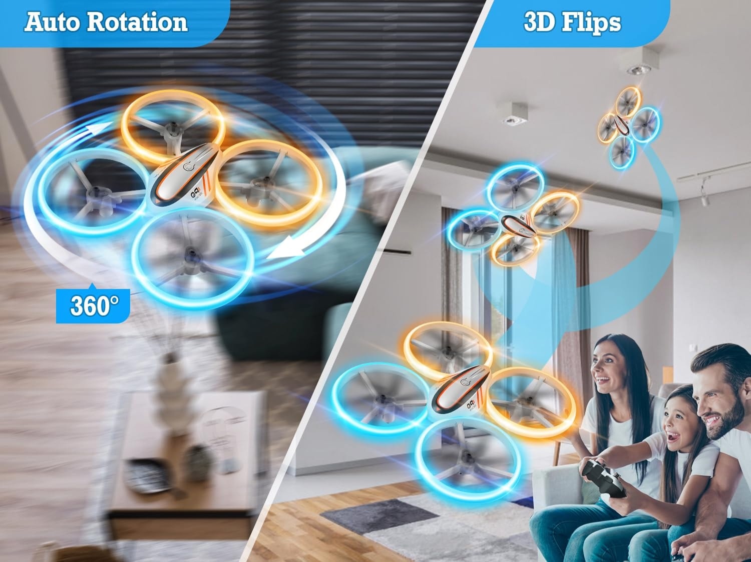 Etokfoks  Q9s Kids Drone with Blue and Orange LED Light Show Propeller Guards Altitude Hold Headless Mode and Two Power Cells