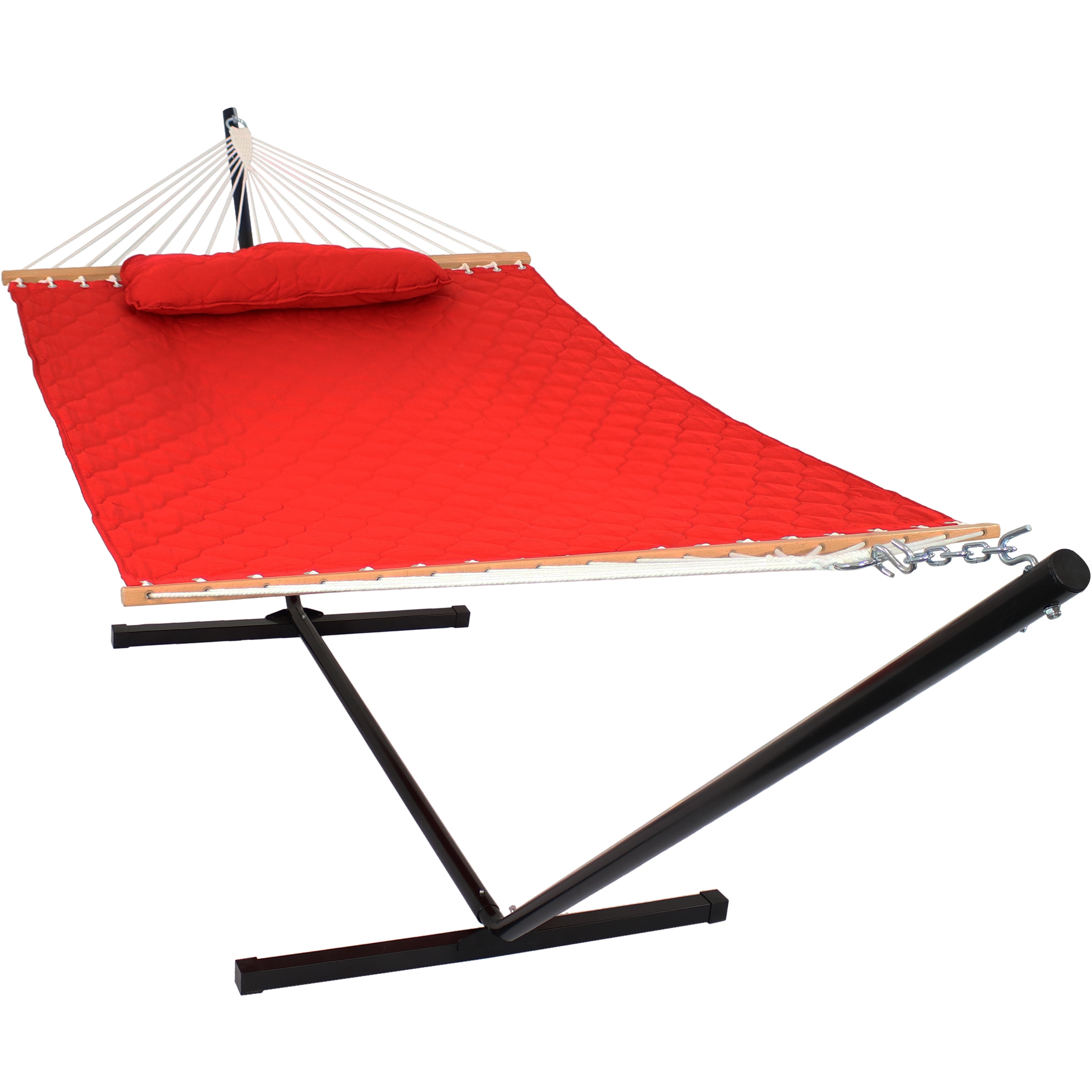 SUNNY GUARD 2 Person Double Hammock Quilted Fabric with Pillow，Wood Spreader Bars,75x55,Brown Stripes 