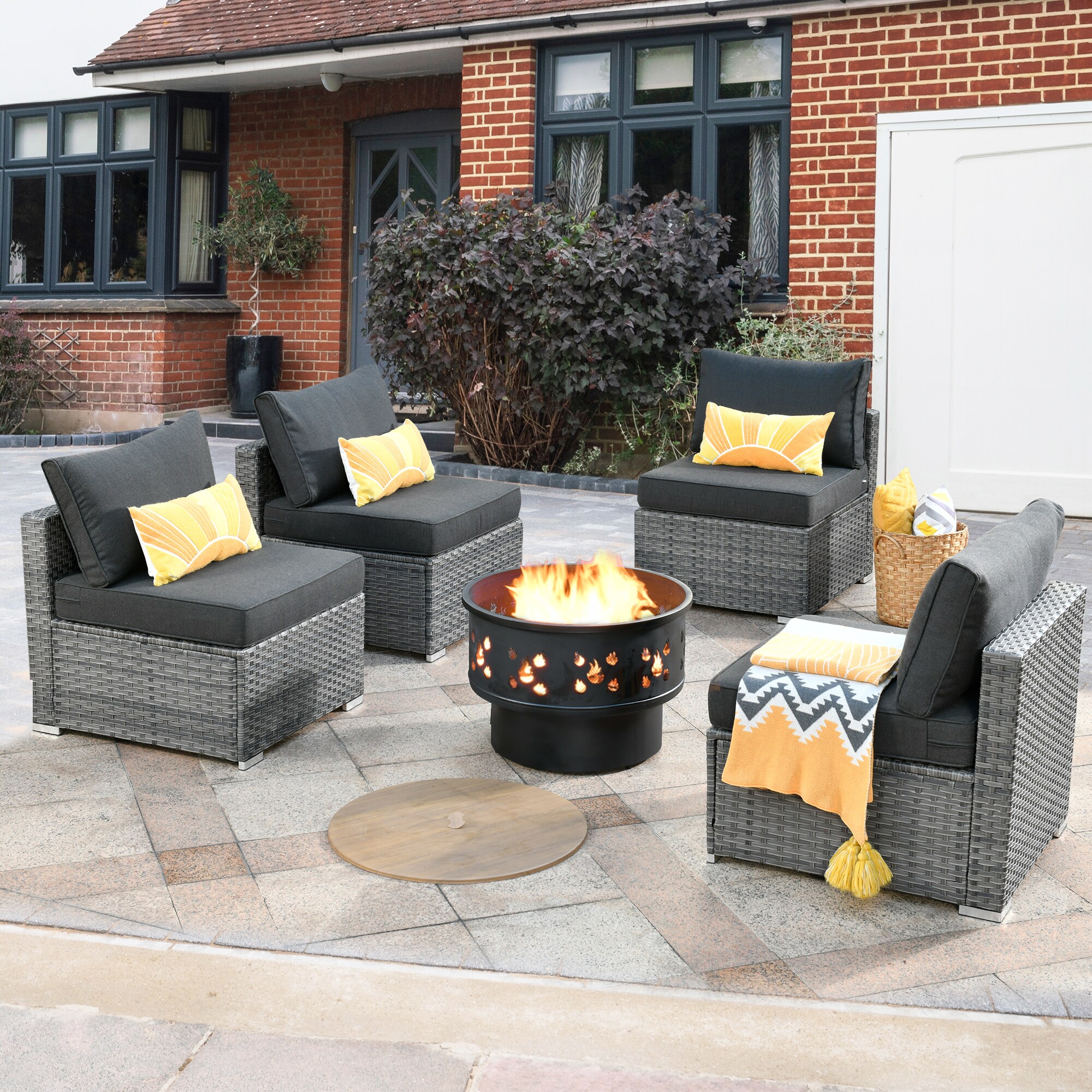 XIZZI XIHOPS1053B-YMFP Libra 5-Piece Rattan Patio Sofa Conversation Set with Black Cushions