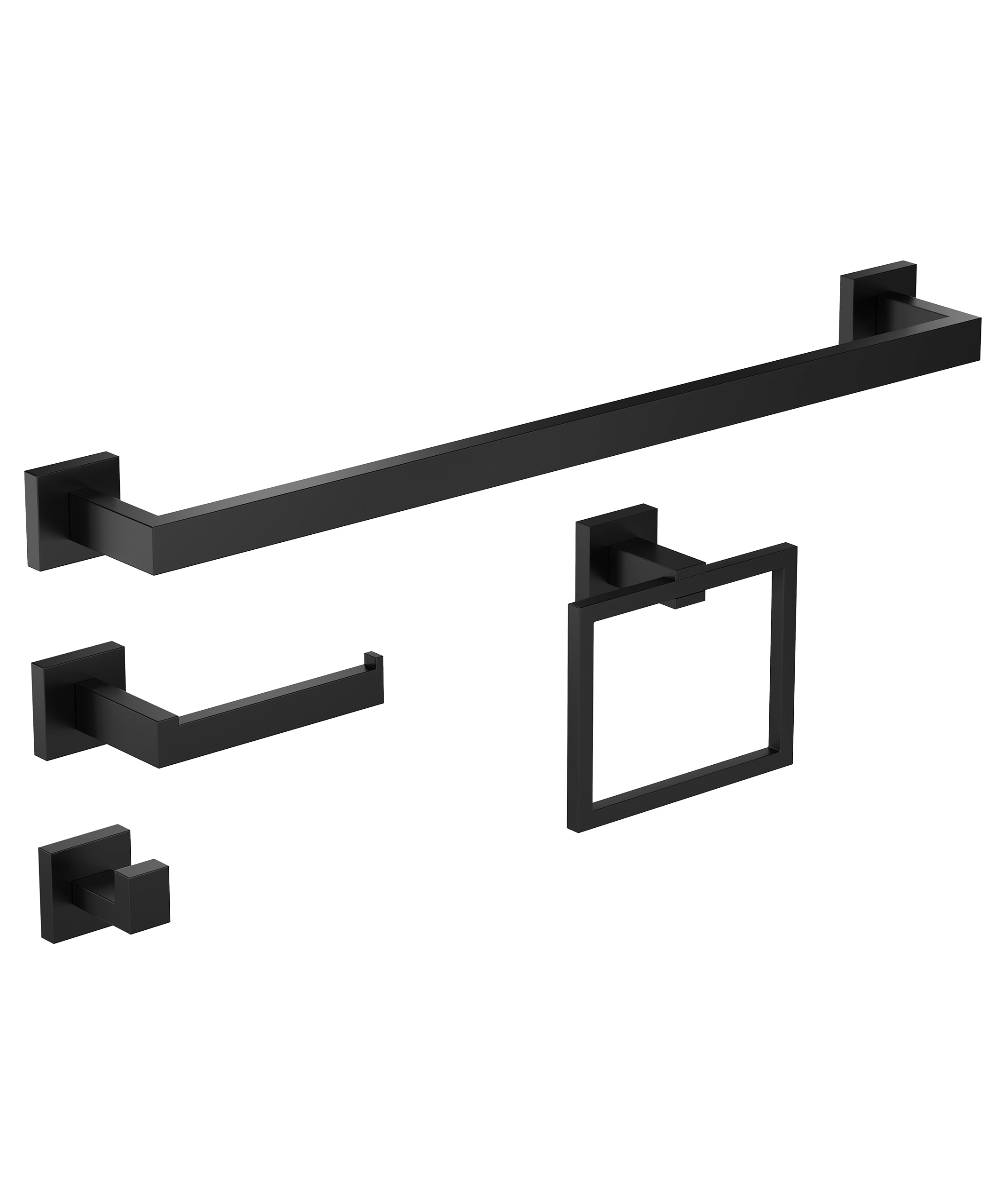BWE A-91002-BLACK 4 -Piece Abyssal Hush Matte Black Decorative Bathroom Hardware Set Towel Bar, Toilet Paper Holder, Towel Ring ,Robe Hook Included