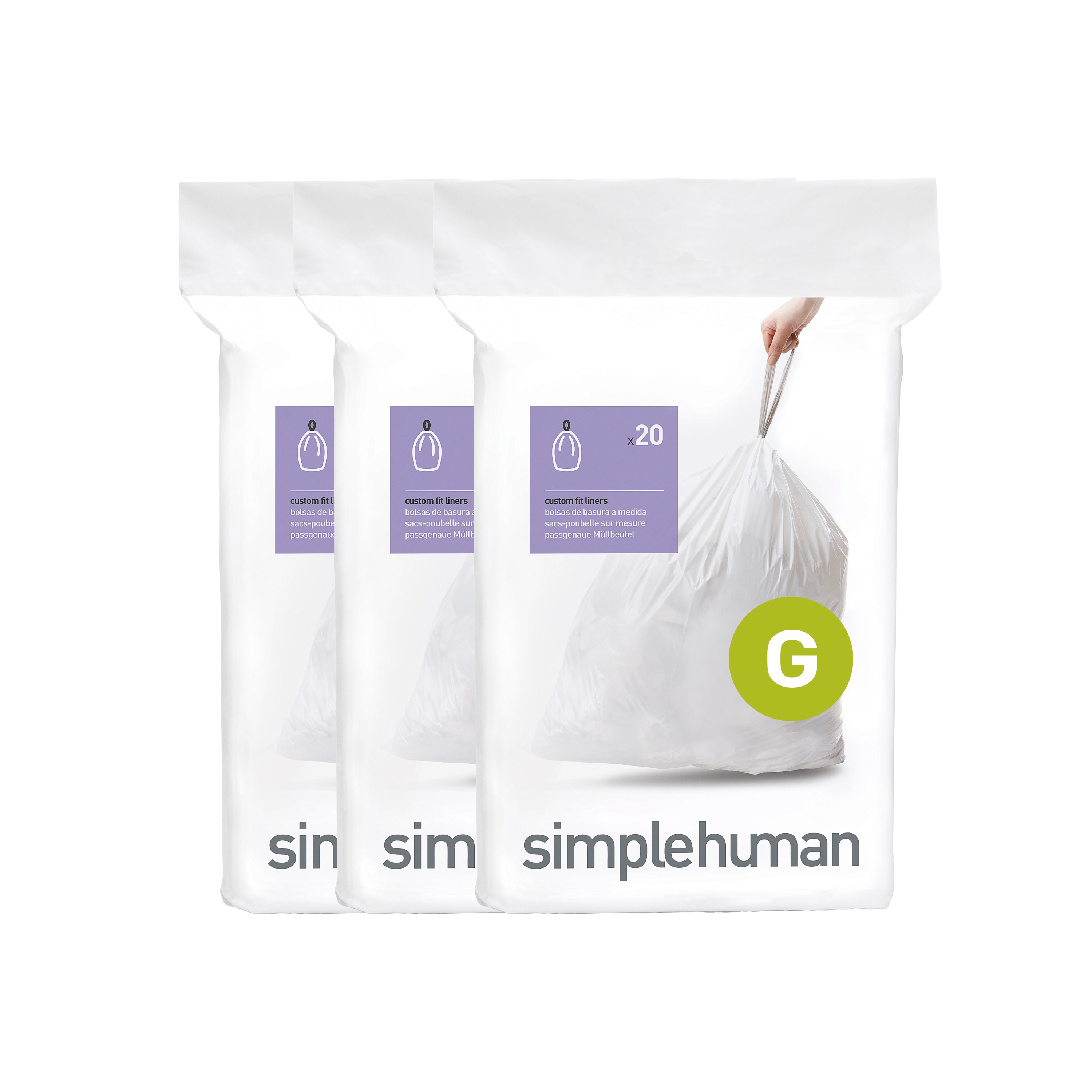 simplehuman code G custom fit liners 3 x pack of 20 (60 liners) white