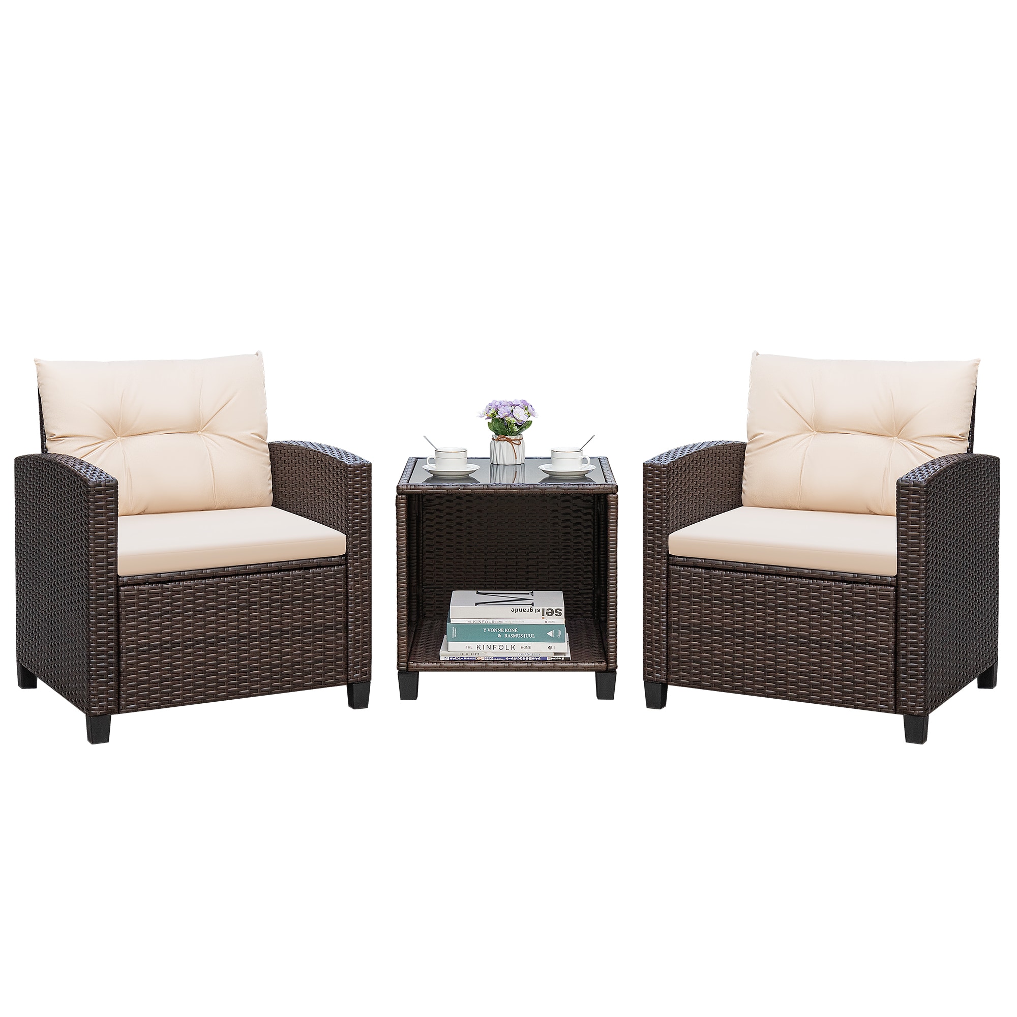 Vineego LS-LCRF23-0322-8BG 3 -Piece Wicker Patio Conversation Set with Clear Cushions
