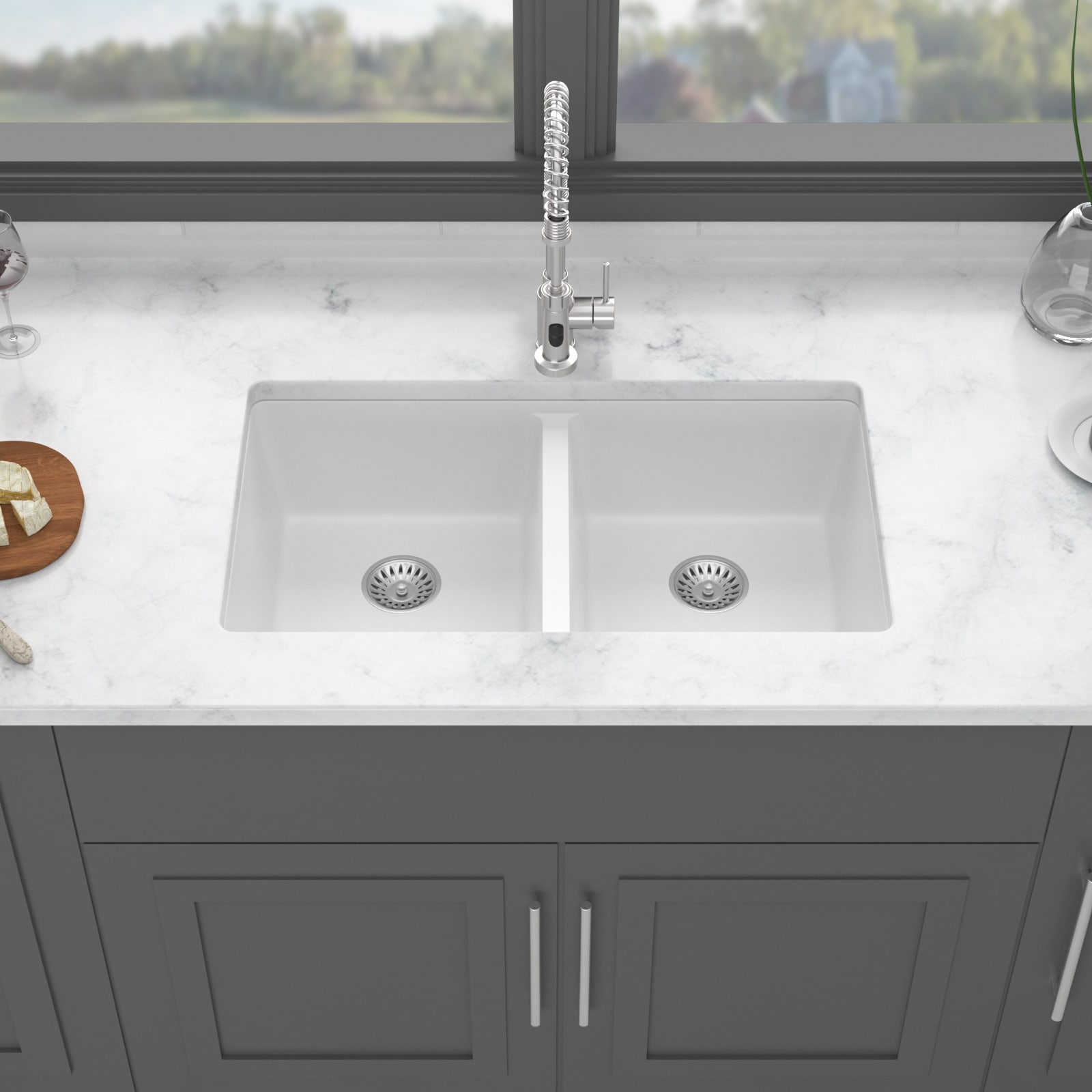 Tatayosi Quartz Kitchen Sink 33x19 inch White granite composite undermount kitchen sink Double Bowl 50/50