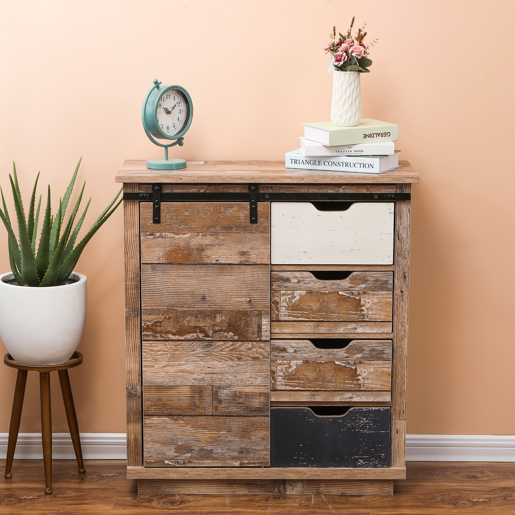 LuxenHome WHIF962 31.5-in W Rustic Wood, Distressed White, Distressed Blue Accent Cabinet