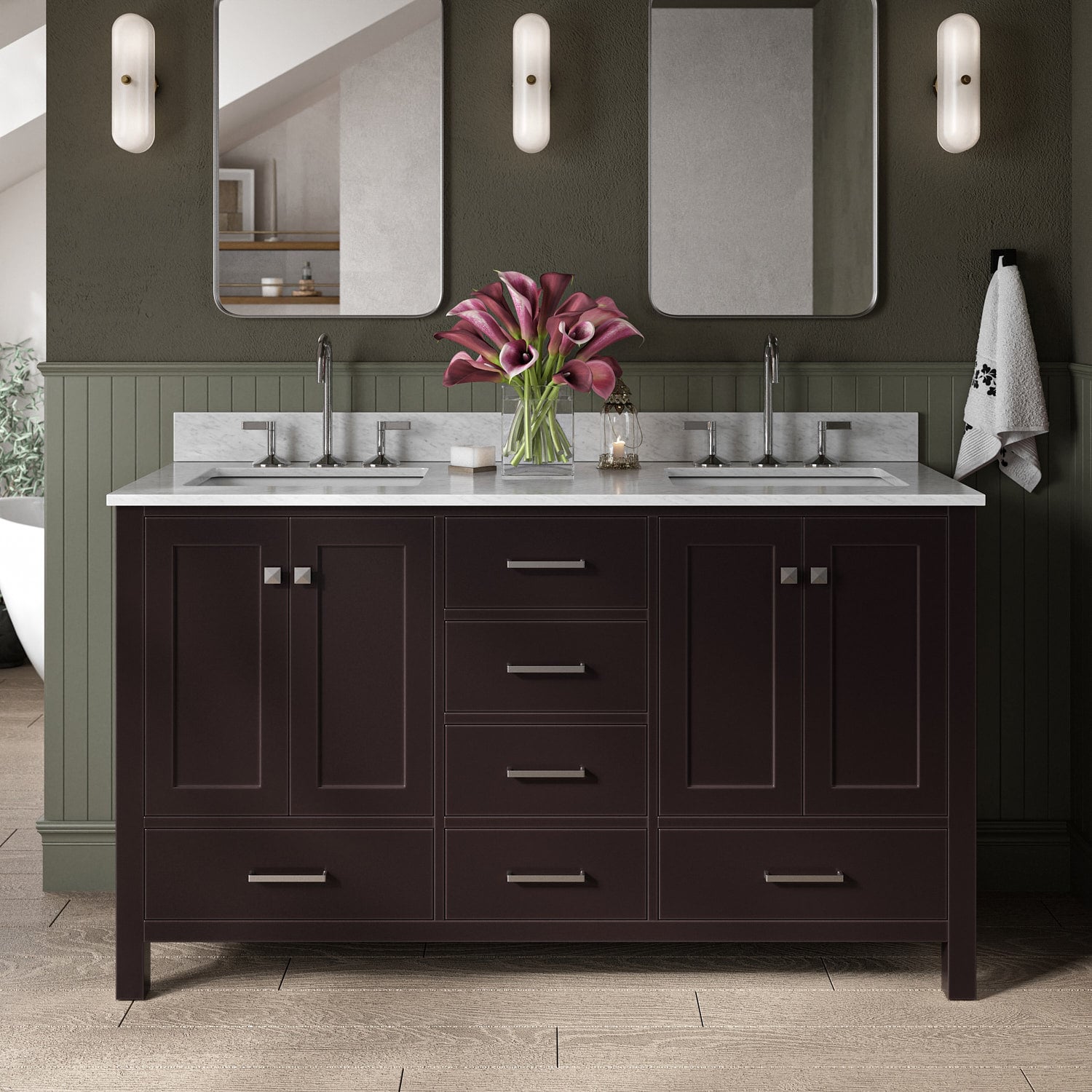 ARIEL A061DCW2RVOESP Cambridge 61-in Espresso Undermount Double sink Bathroom Vanity with 0.75" Carrara White Marble Natural marble Top
