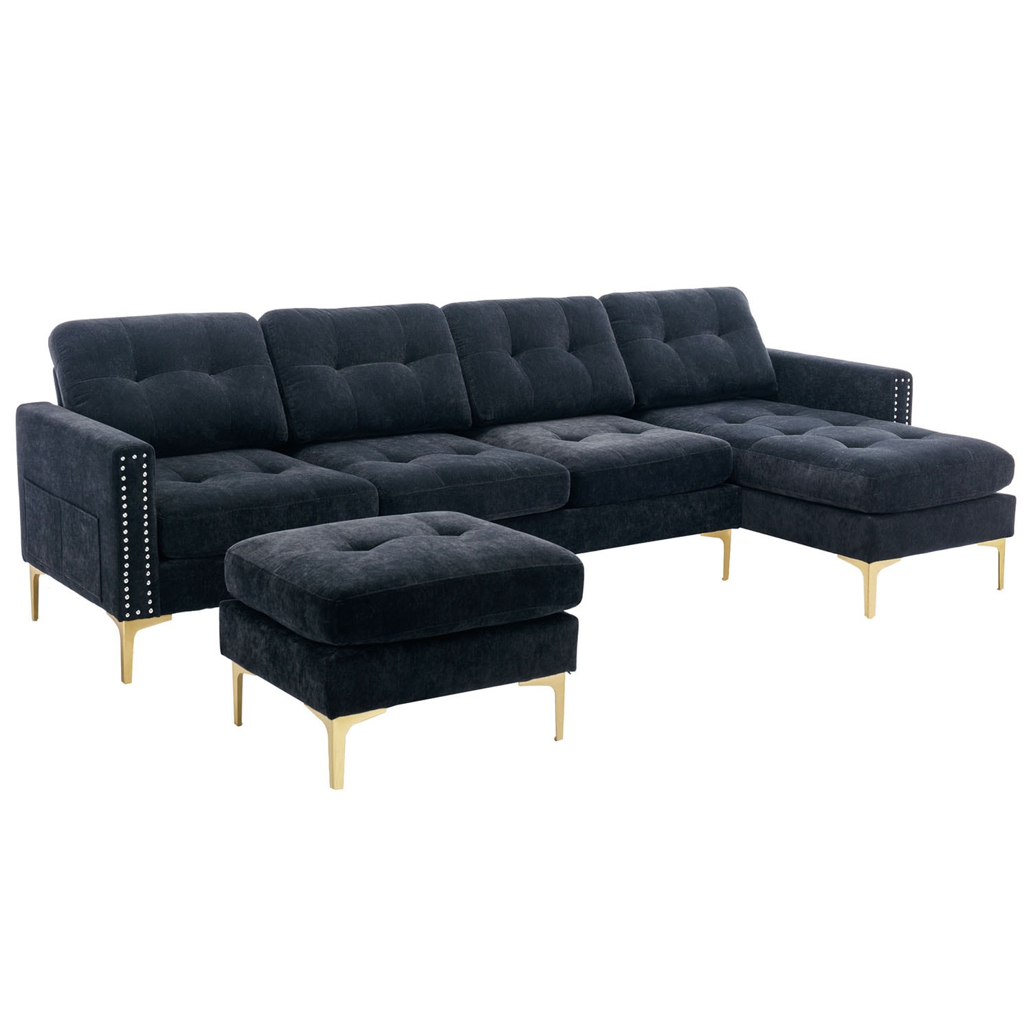 Bybafun YA3700103 111-Inches Farmhouse Black Velvet 4 -seater Reclining Sectional