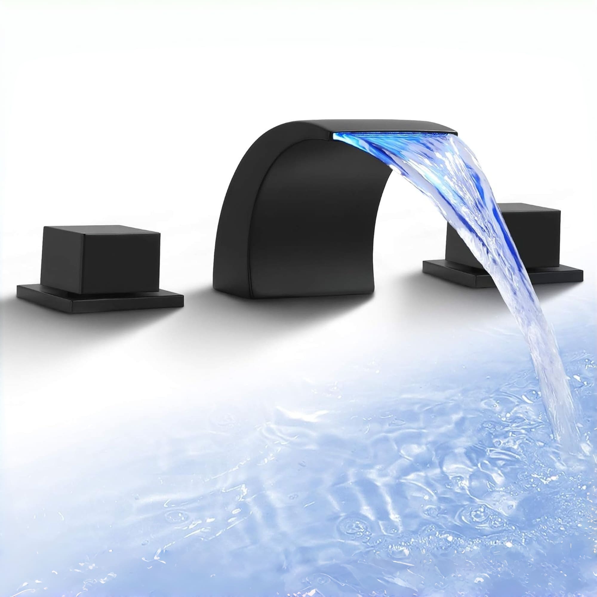 Numhew 8in W 3-Hole Dual Handle Matte Black Waterfall Bathroom Faucet