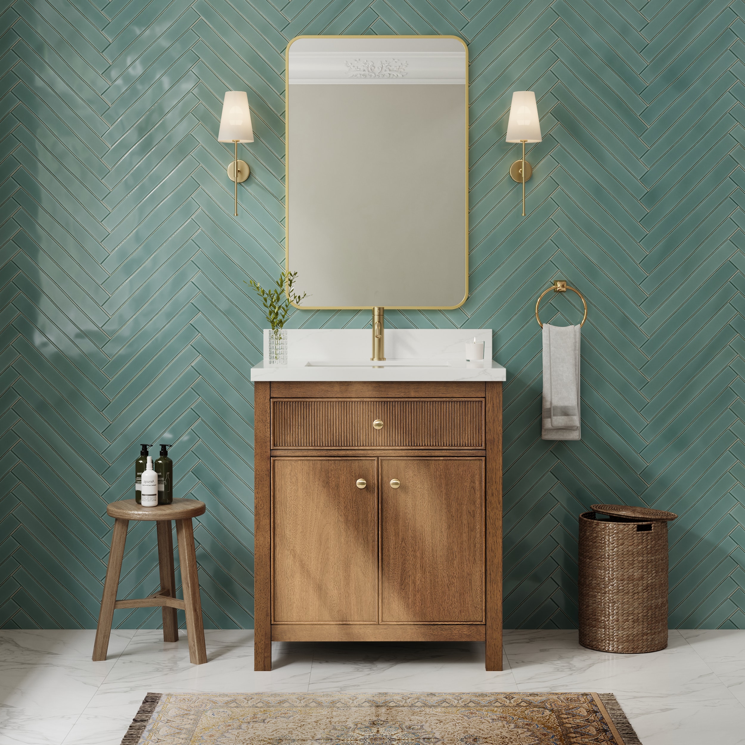 Wyndham Collection Rian 30 Inch Single Bathroom Vanity in Toasted Walnut, Giotto Quartz Countertop, Undermount Square Sink (1-Hole), Satin Bronze Trim