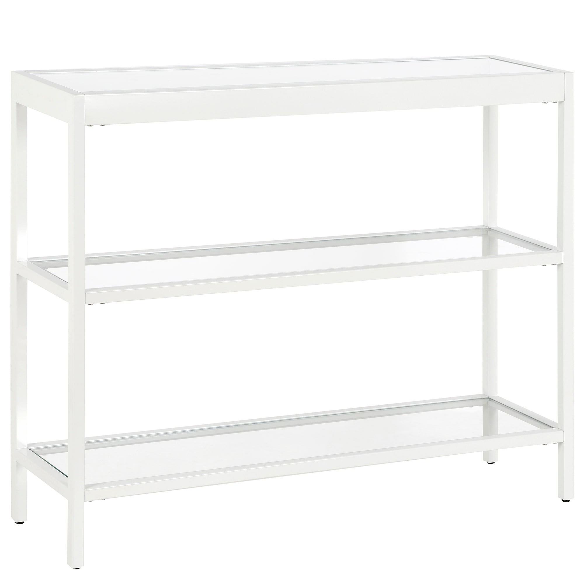 Streamlined White Metallic 36" Console Table with Tempered Glass Shelves