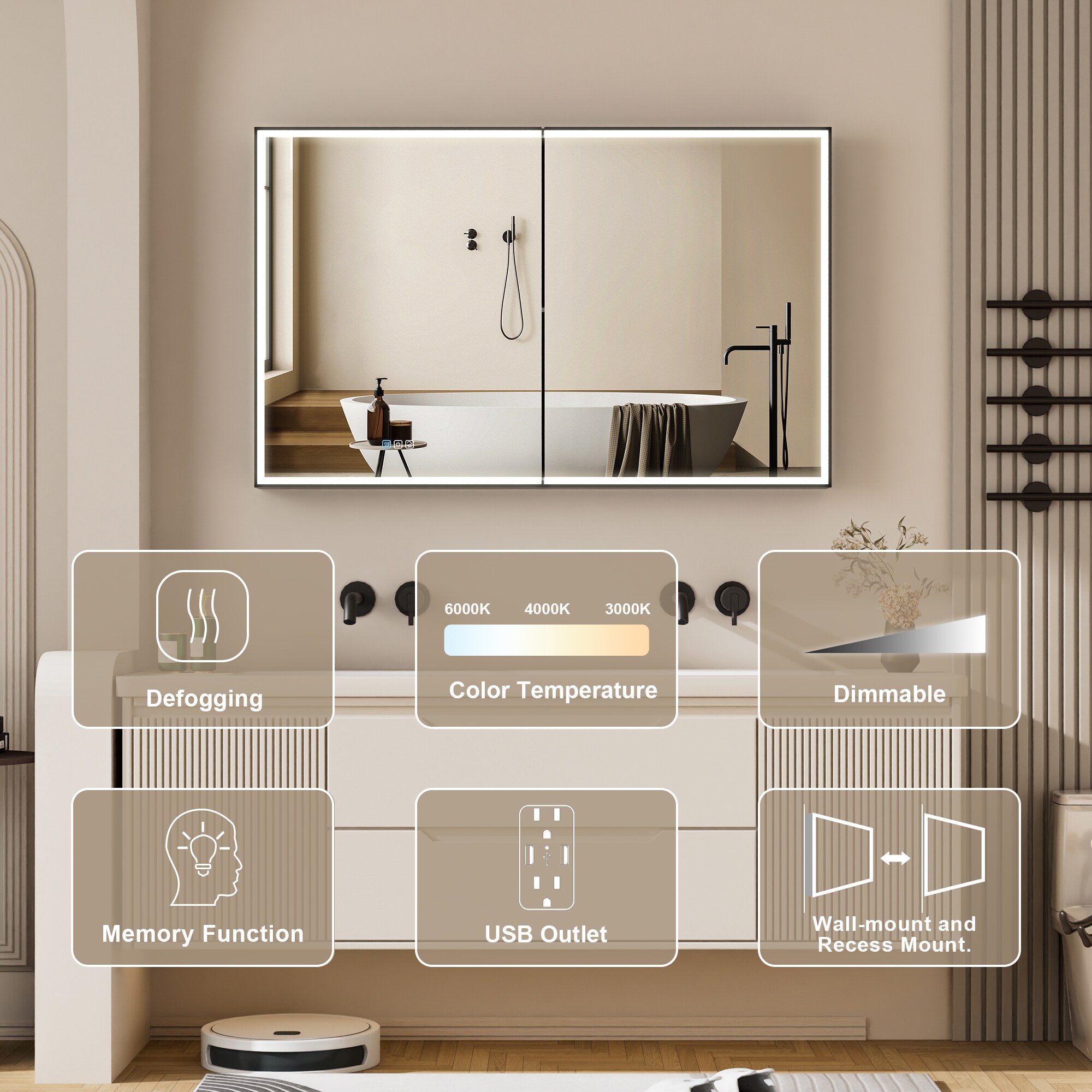 Forclover 48-in x 30-in Lighted LED Fog Free Surface/Recessed Mount Black Mirrored Soft Close Medicine Cabinet with Outlet