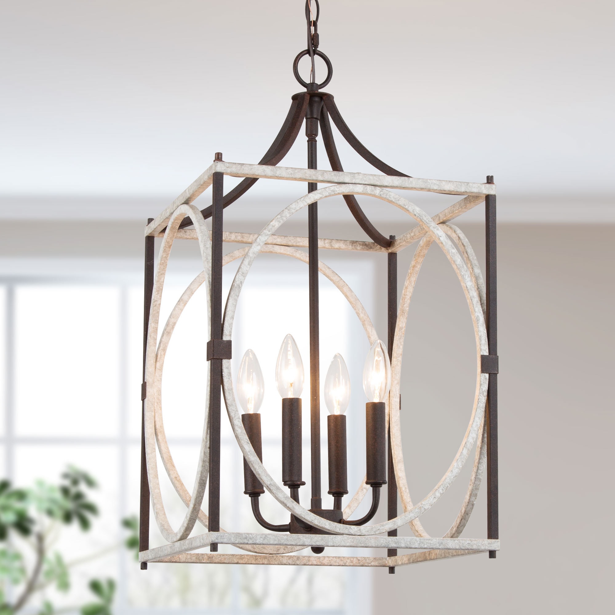 NEW WORLD DECOR QANRAYLWS4105F7 Ribbon 4 -Light Distressed Gray and Rustic Bronze Farmhouse Square Medium Hanging Kitchen island light