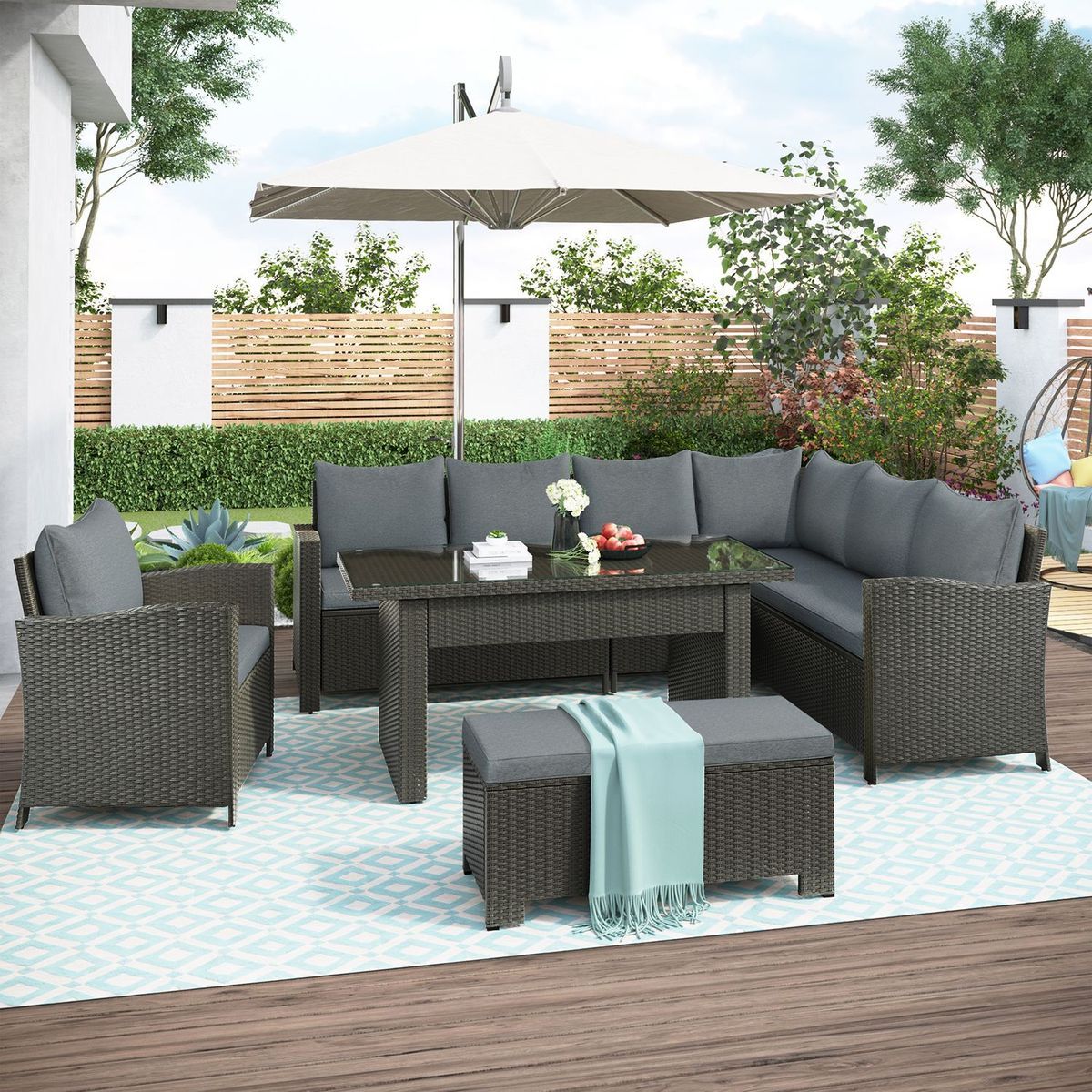 JASMODER Patio Furniture Set, 6 Piece Outdoor Conversation Set, Dining