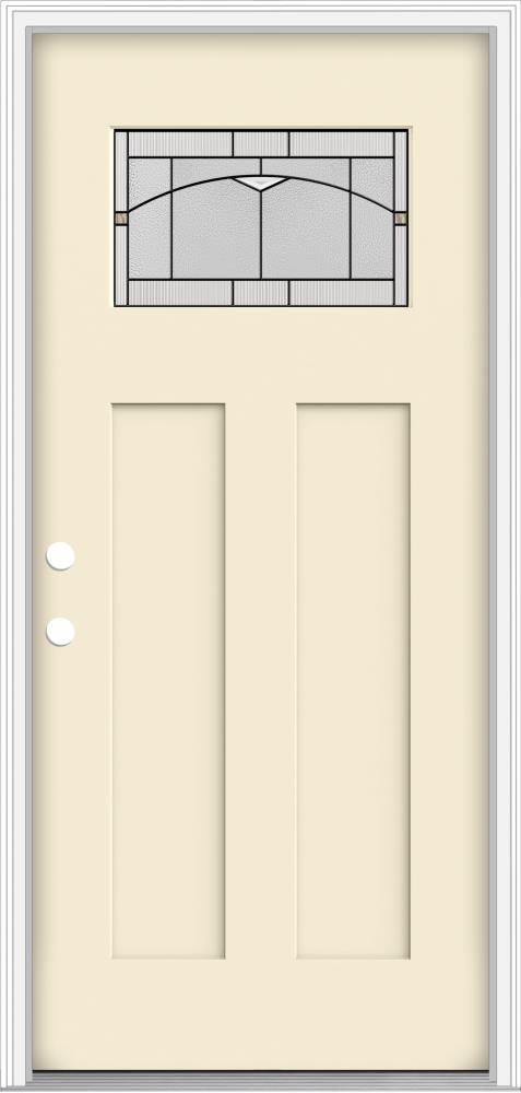 JELD-WEN 36-in x 80-in Fiberglass Craftsman Right-Hand Inswing Bisque Painted Prehung Single Front Door with Brickmould Insulating Core in Off-White -  LOWOLJW205800363