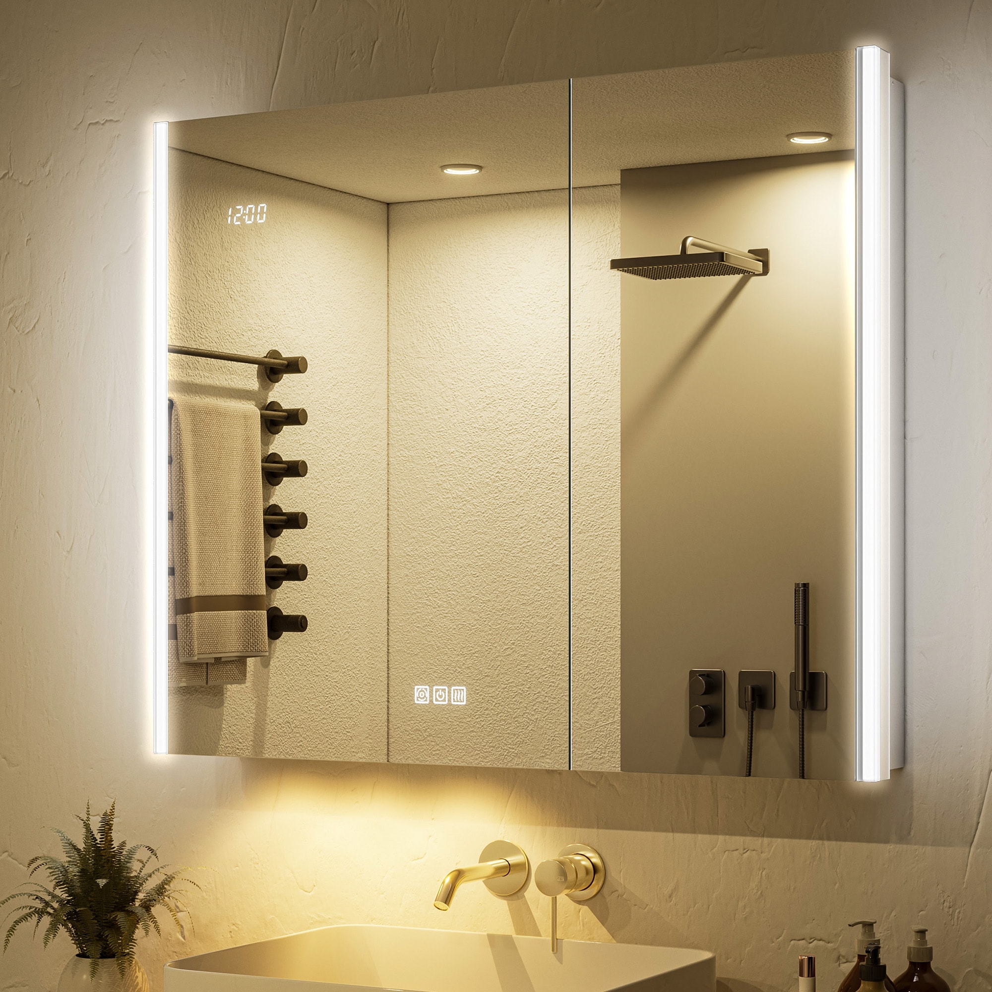 QueenFun Lighted Medicine Cabinet 36-in x 30-in Lighted LED Fog Free Surface/Recessed Mount Silver Mirrored Rectangle Soft Close Medicine Cabinet with Outlet