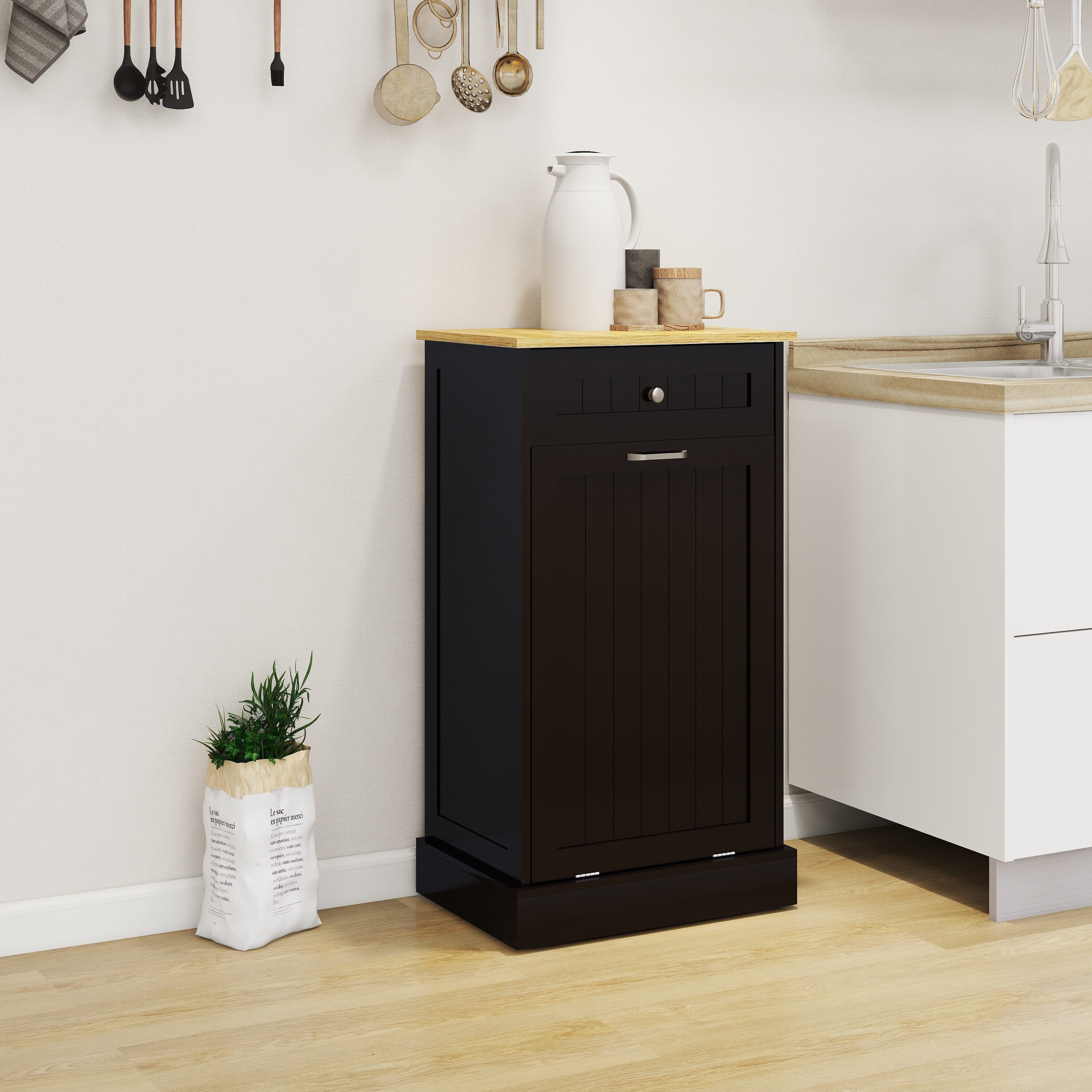Tatayosi JL-20127325 One Drawers and One Compartment Tilt Out Trash Cabinet Kitchen Trash Cabinet Black