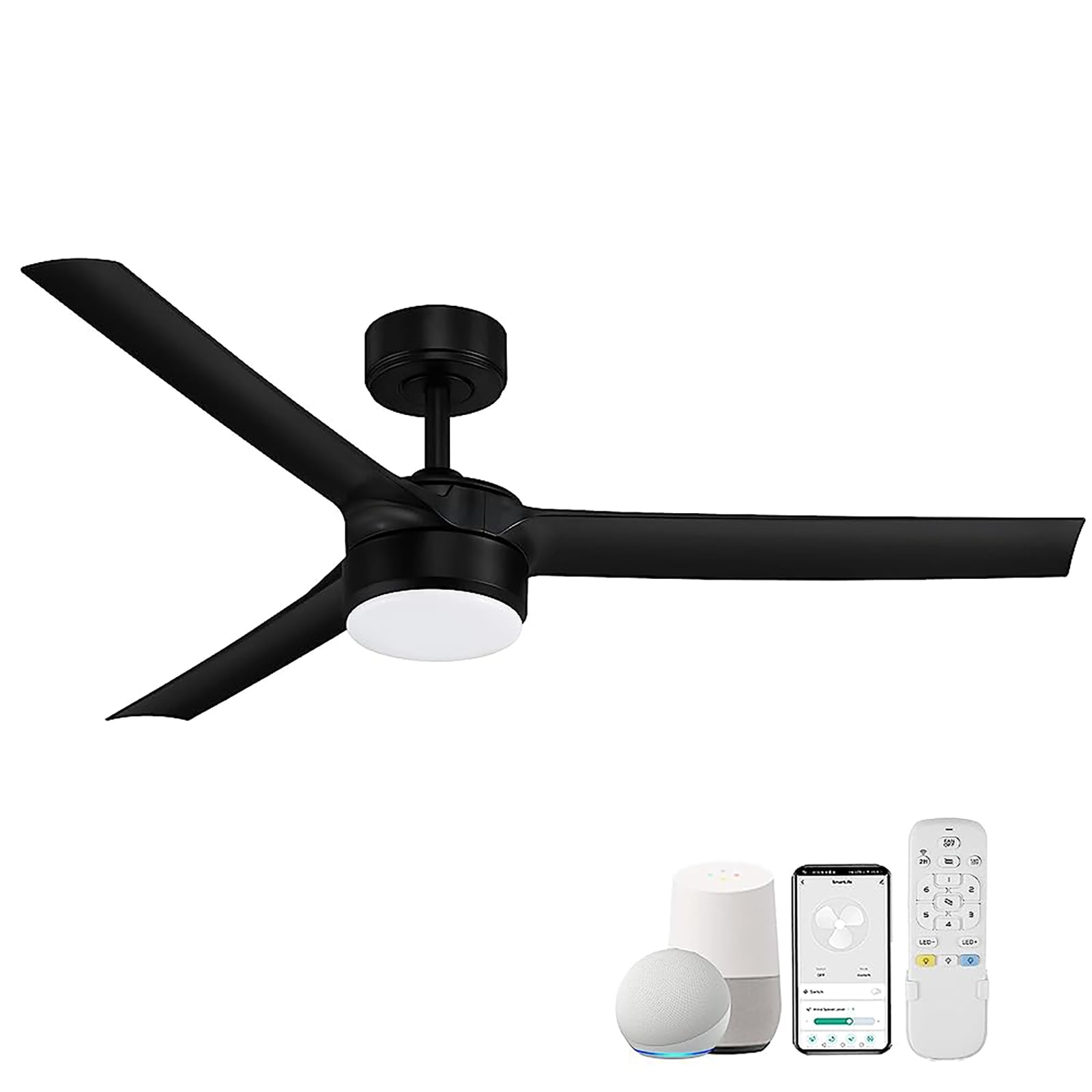 Yardreeze YJDHM2213 52-Inches Black with ABS Blades Color-Changing Integrated LED Fixture Indoor Downrod mount Smart Compatible Standard Ceiling Fan With Light and Remote ( 3 -Blade)