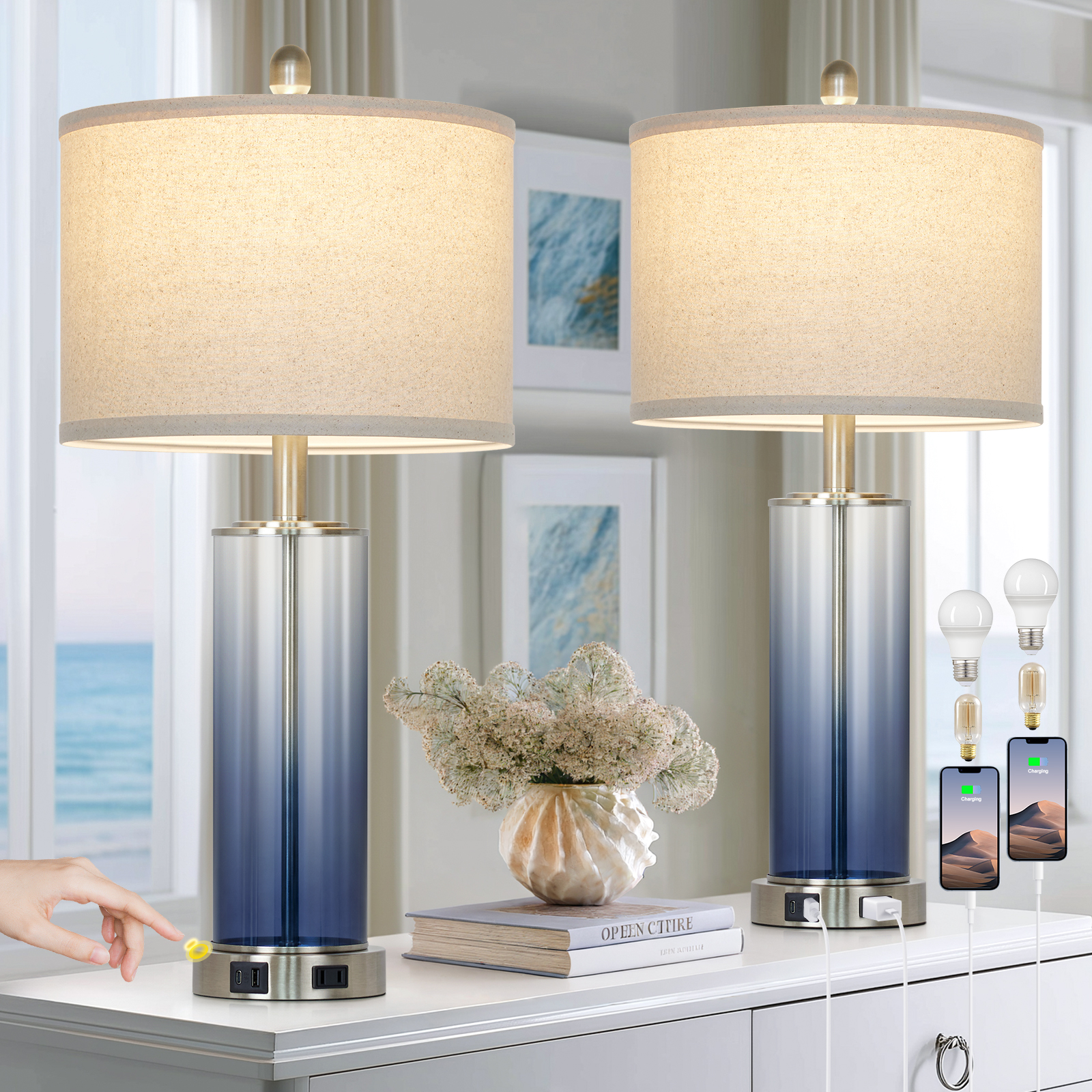 UrFurnishings Coastal 26-in Blue LED Touch Table Lamp with Linen Shade