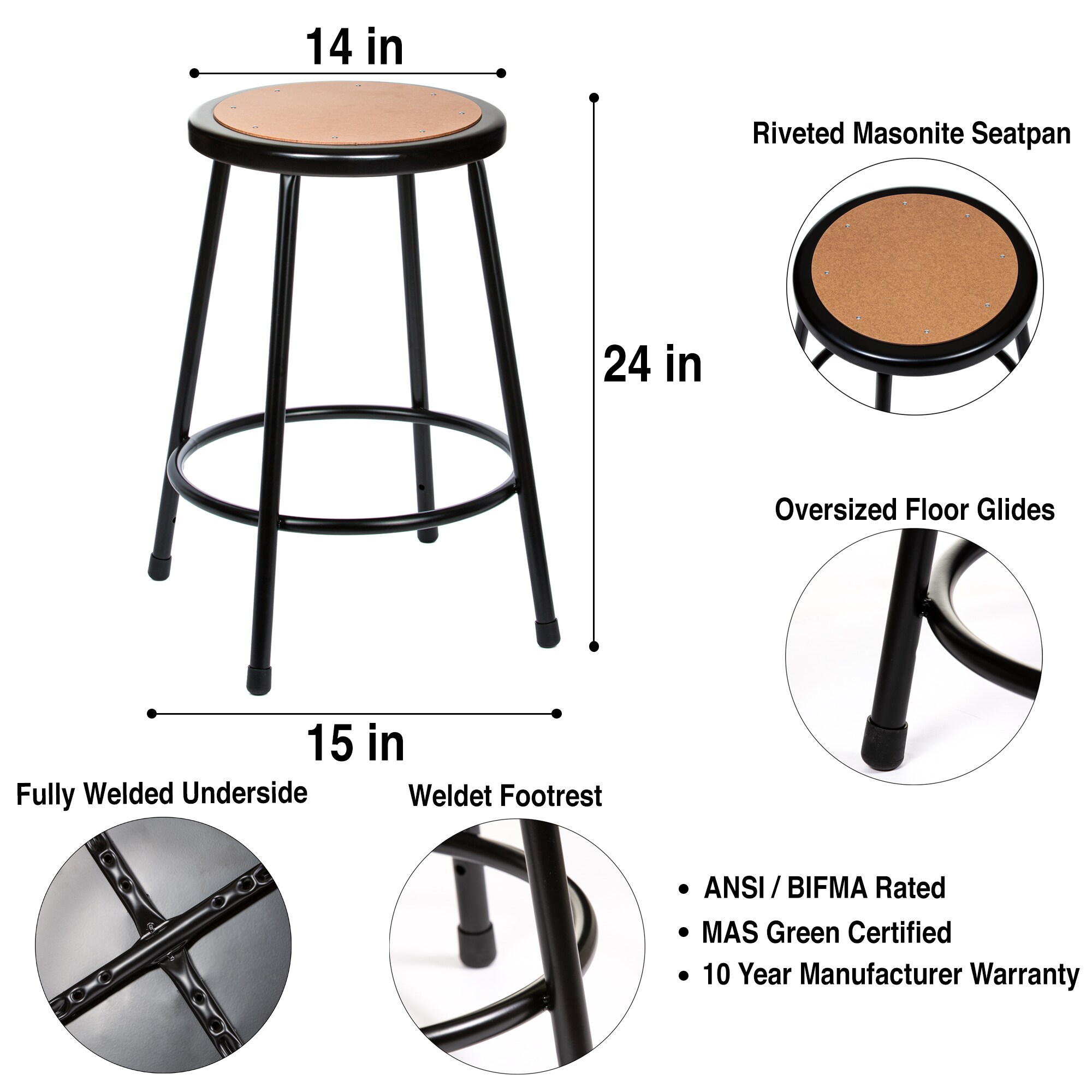 Hampden Furnishings Flynn Collection 24 inch Masonite Steel Stool Black Pack of 2