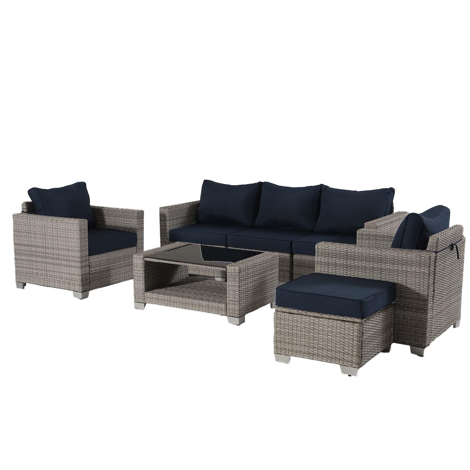 Damerin N7CS42 7 -Piece Wicker 2 Patio Sofa Conversation Set with Blue Cushions